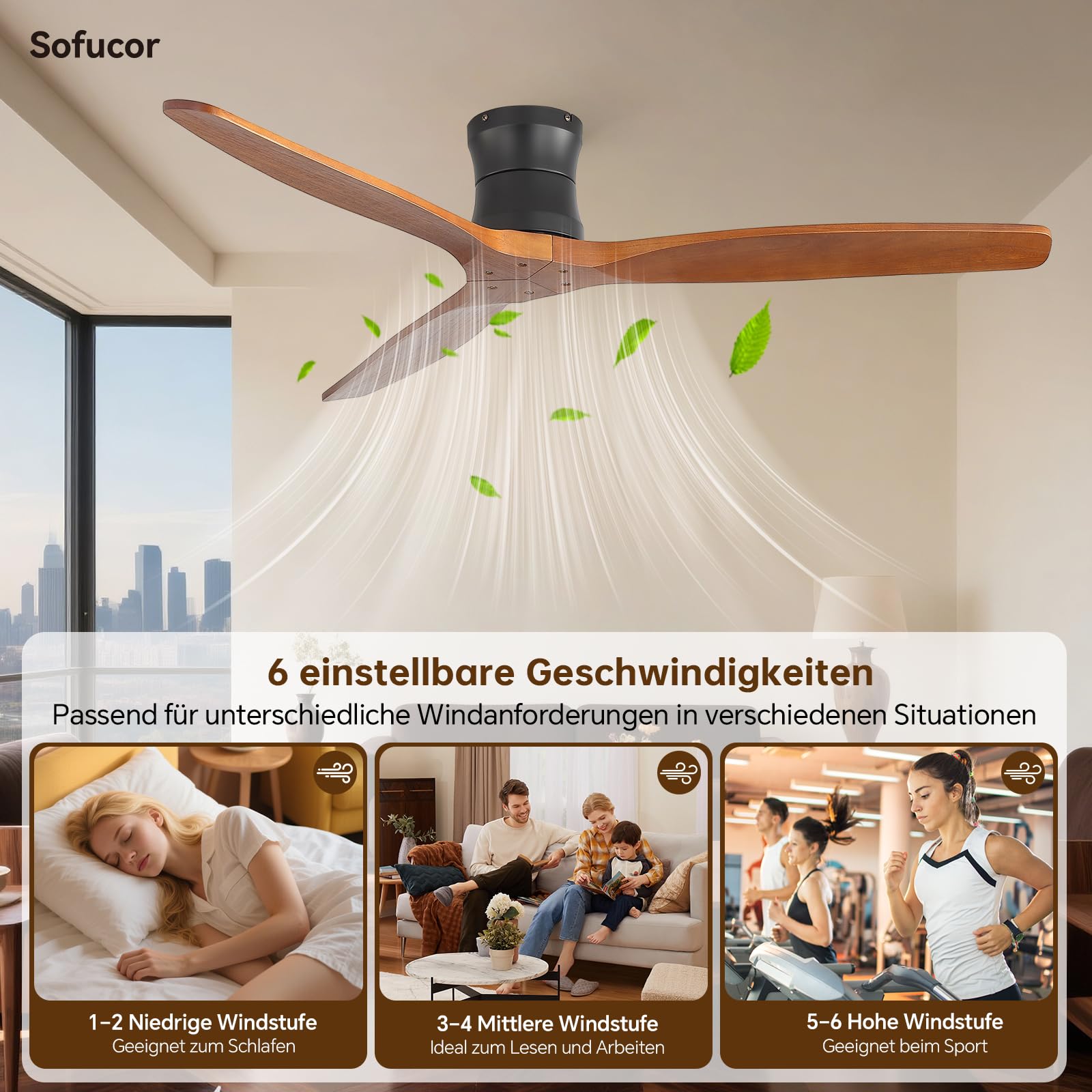 Sofucor 132cm Deckenventilator mit Fernbedienung, Massivholz Deckenventilator ohne Licht, Leise DC Motor, Timer, 3 Farbtemperatur, 6 Geschwindigkeiten, Sommer Winterbetrieb für Schlafzimmer Wohnzimmer