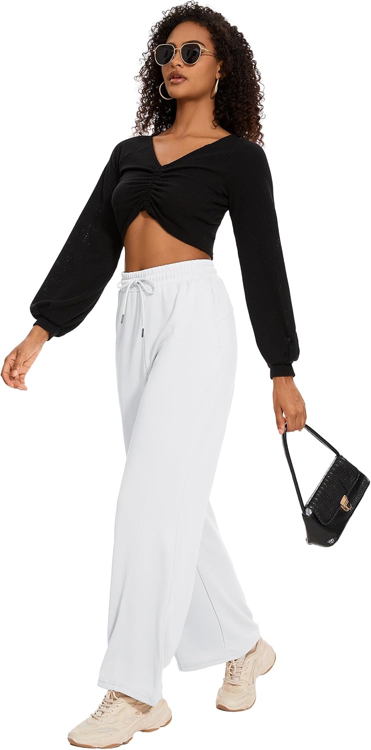 M MOTEEPI Women Sweatpants Wide Leg Sweatpants 28" Lounge Sweat Pants Casual Baggy Trousers with Elastic Waist Straight Leg White - Image 7