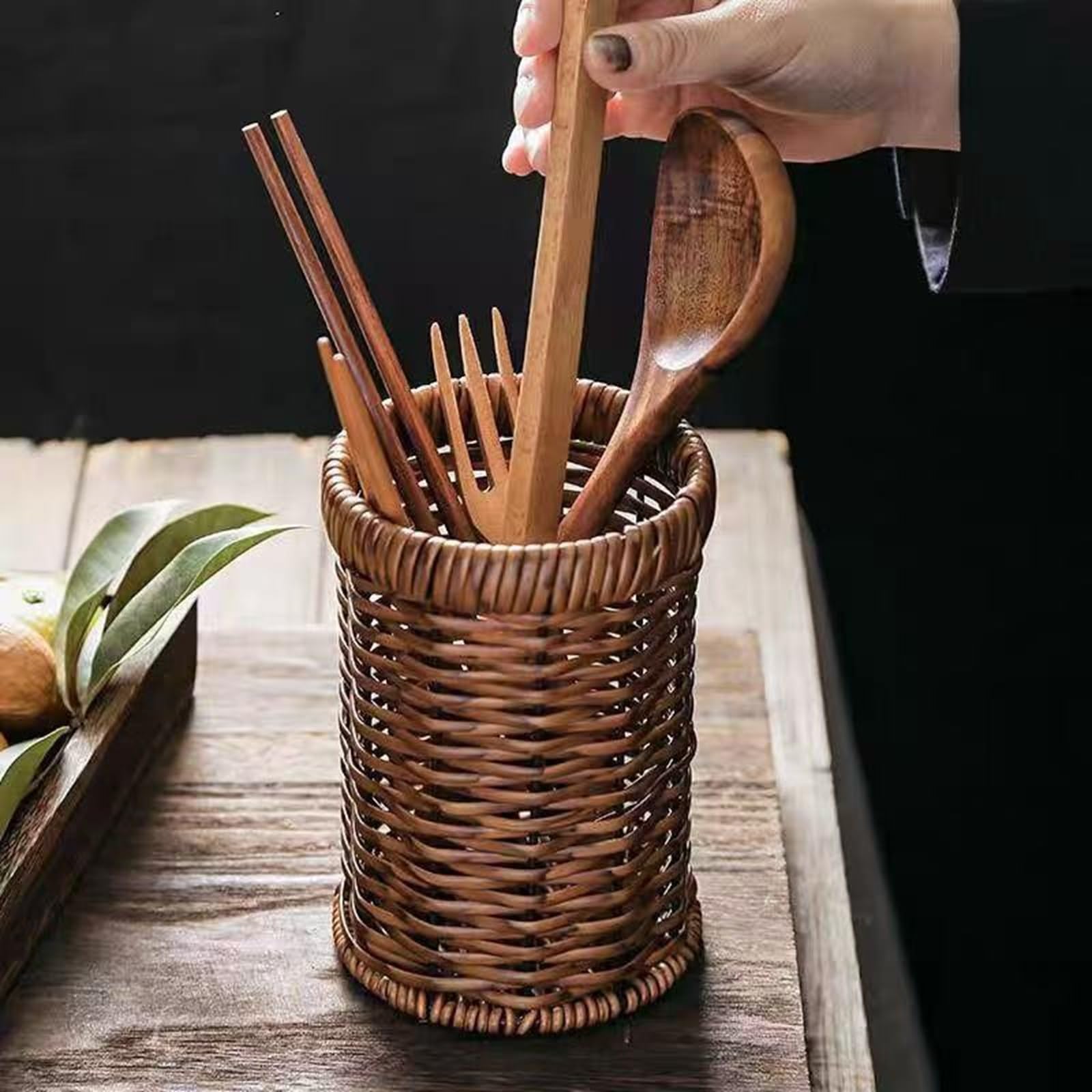 Awbdzl Utensil Holder Spoon Kitchen Counter Decor Wooden/Wicker Utensil Caddy6.1 L x 4