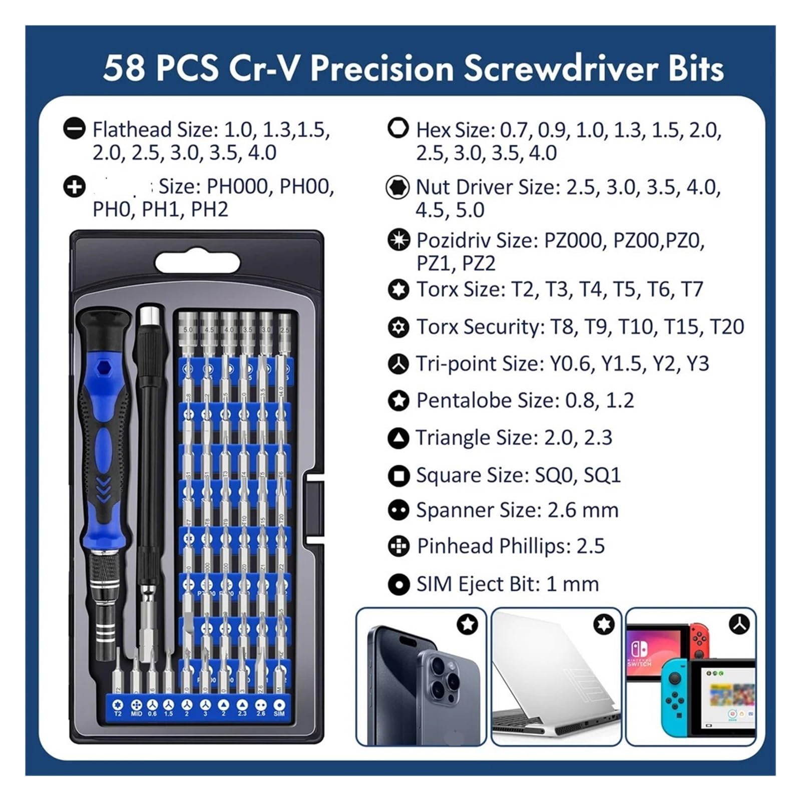 Juego de destornilladores precisión 62 en 1, puntas Torx magnéticas CR-V con eje flexible
