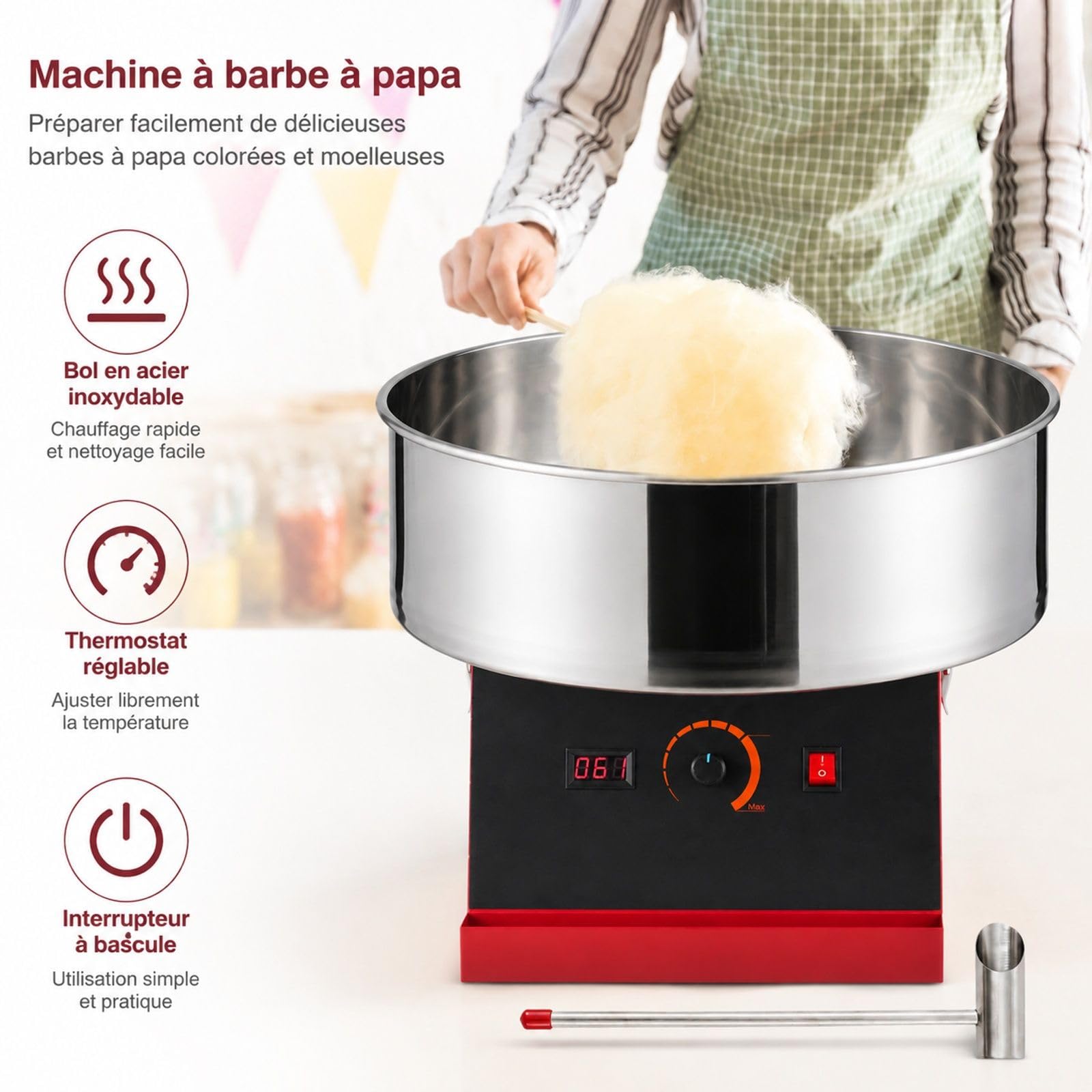 Machine à barbe à papa électrique 1000 W avec bol en acier inoxydable et cuillère à sucre, rouge, pour maison et réunions familiales