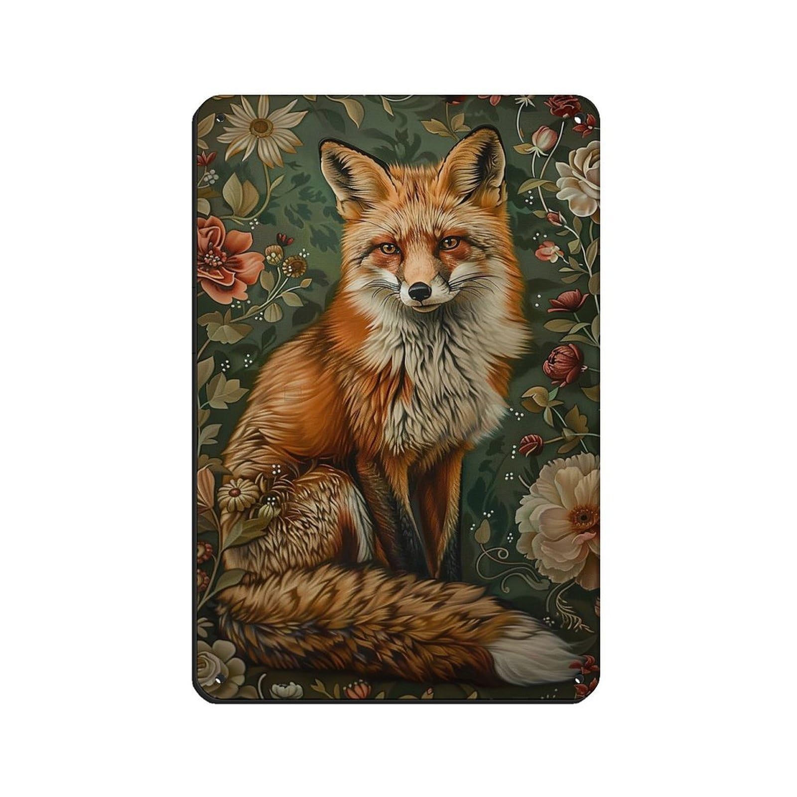 Lxwnze 20L X 30W Cm Cottage Fox And Flowers Painting Poster Tin Sign Vintage Metal Pub Club Cafe Bar Home Wall Art Decoration Poster Retro 8X12inch(20X30cm)