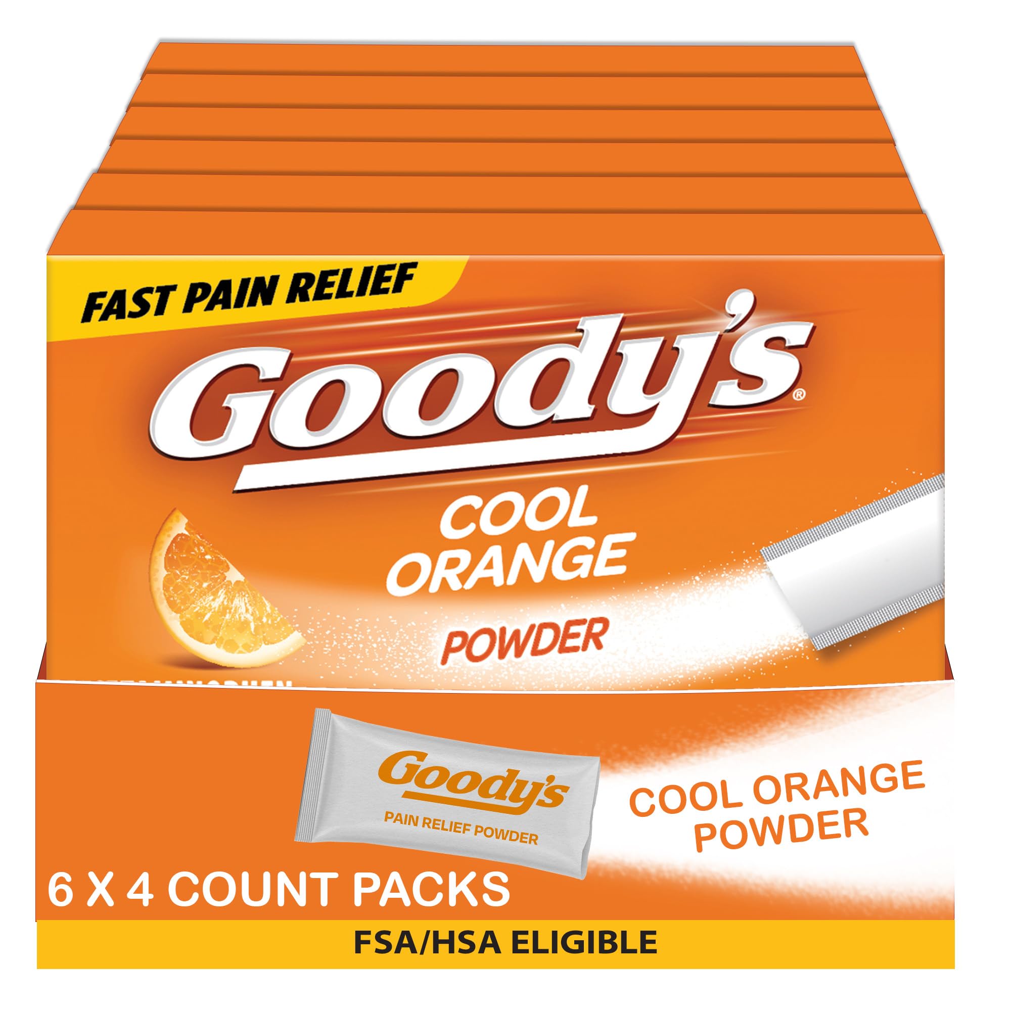 Goody's Headache Powder, Triple Action Fast-Acting Formula Headache Relief with Aspirin, Acetaminophen & Caffeine, Cool Orange Flavor, 4 Powder Sticks, 6 Pack