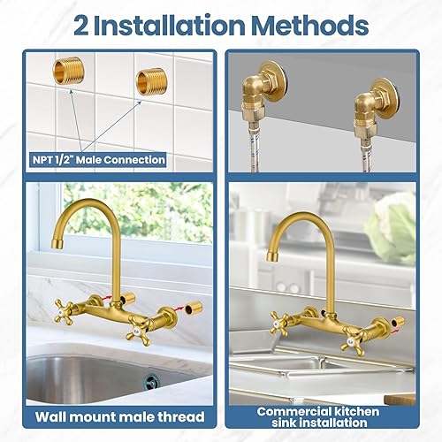 Miniatura 4 de Airuida Grifo de Cocina Comercial de Montaje en Pared de Latón Antiguo, Grifo de Fregadero de Cocina de Montaje en Pared, Grifo de Montaje en Pared
