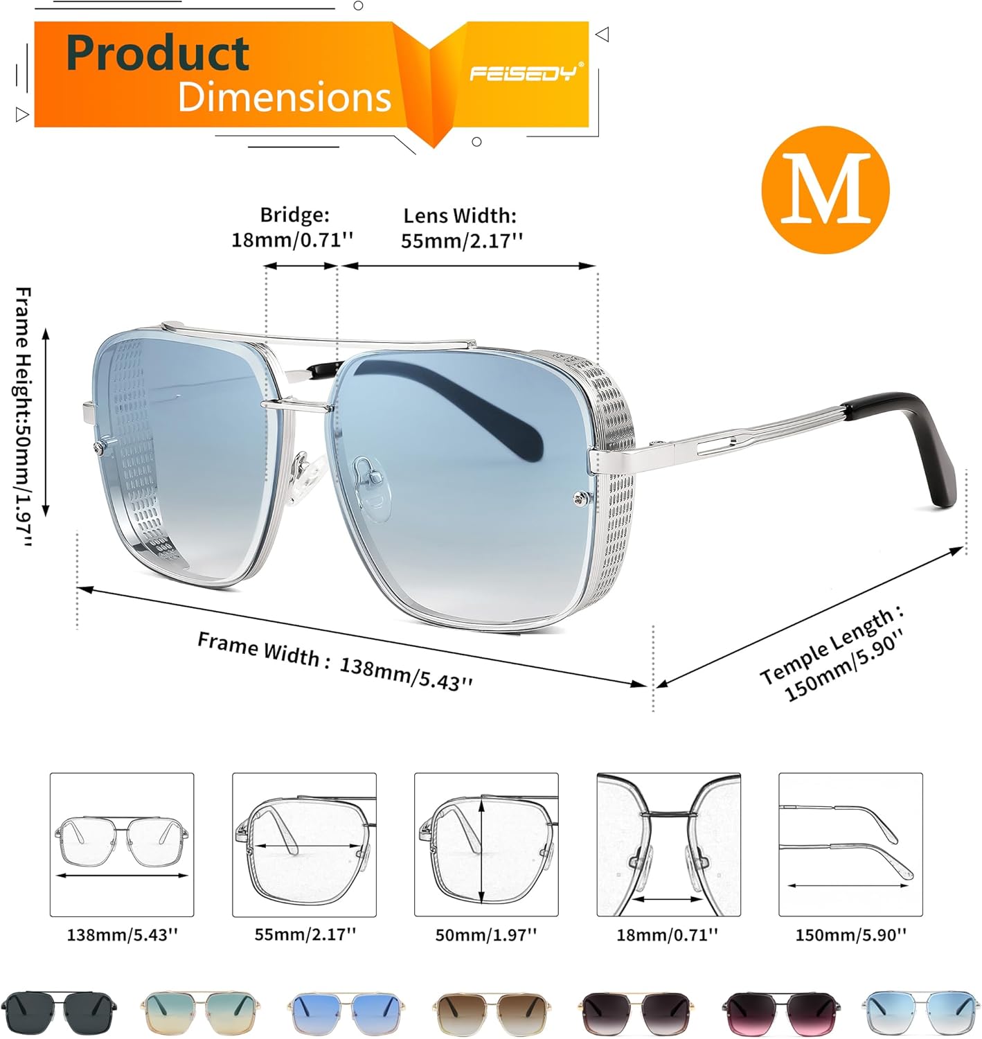 FEISEDY Sunglasses Mens Women Vintage Pilot Square Trendy Metal Steampunk Fishing Driving Sun Glasses B2894 - Image 5