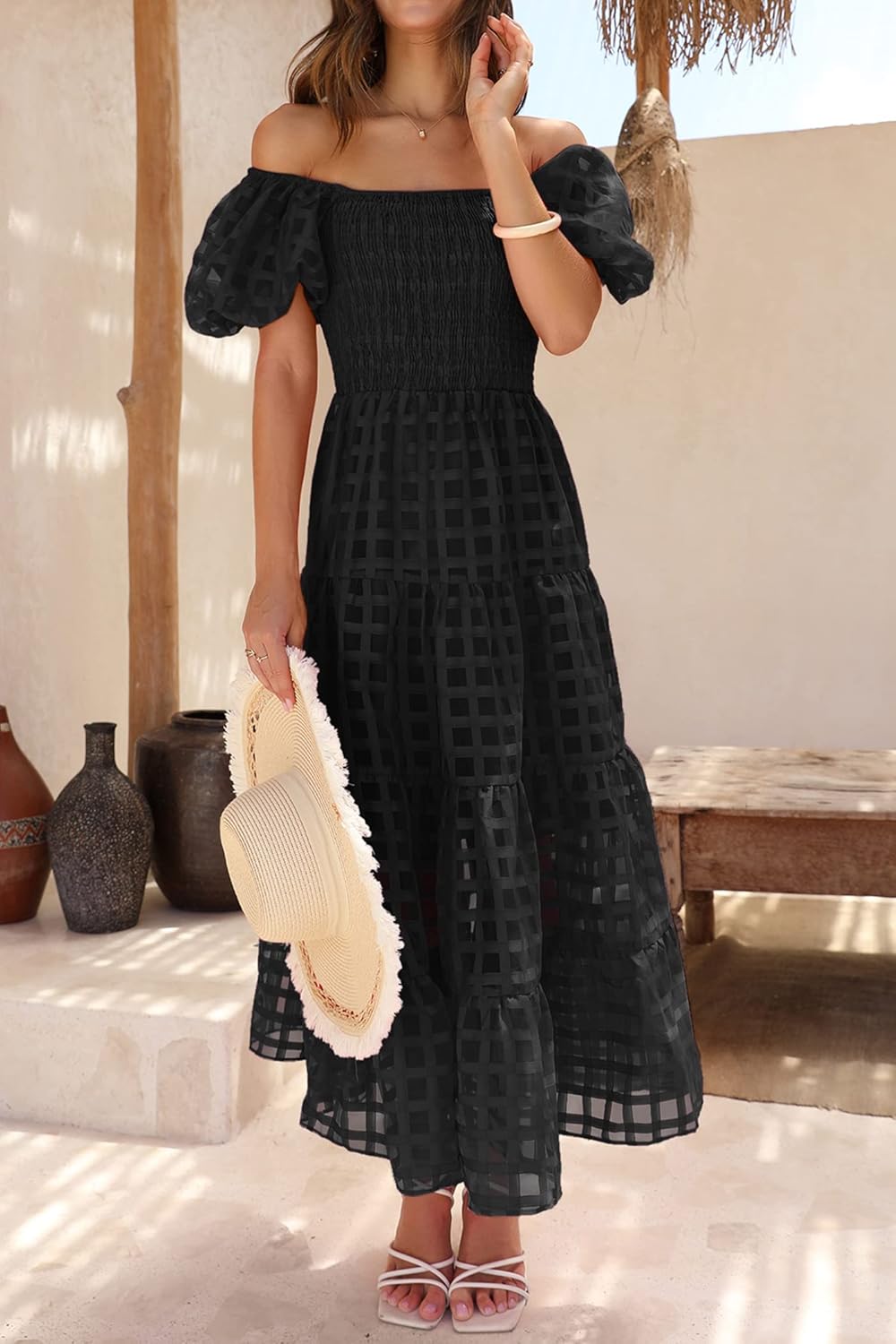 PRETTYGARDEN Women's Casual Summer Dress Puffy Short Sleeve Square Neck Smocked Tiered A Line Maxi Long Dresses - Image 6