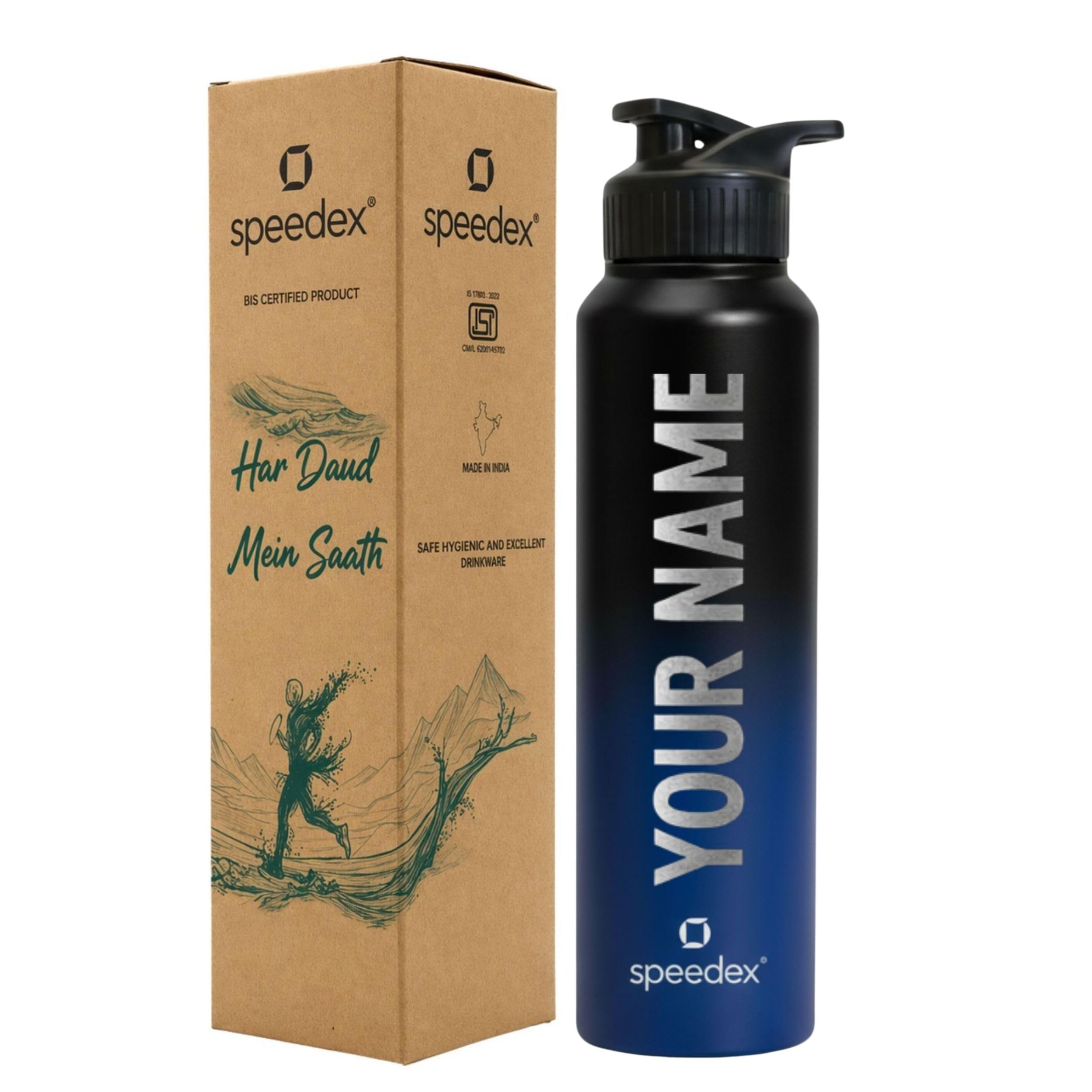 Speedex Customised Stainless Steel Water Bottle 1 Ltr with Name – Personalised Engraved Sipper Cap Bottle for Kids, Men & Women, School, Gym, Office Black Blue, Set of 1
