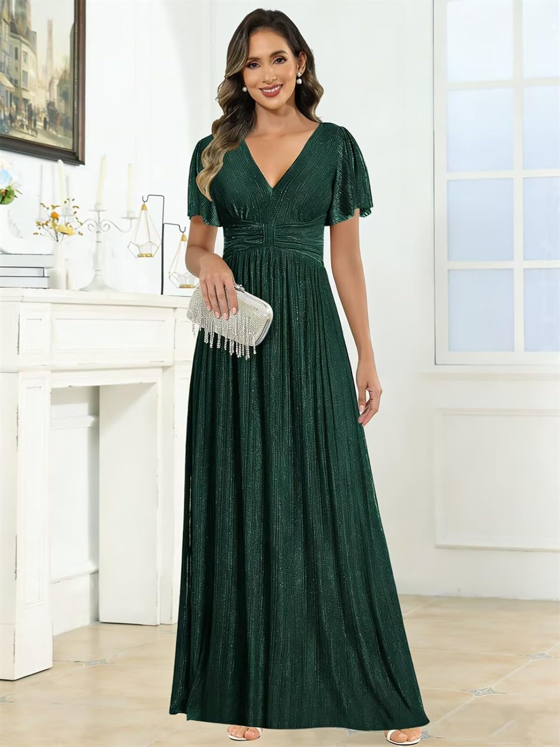 Sparkly Mother of The Bride Dress Long A-Line V-Neck Pleated Formal Bridesmaid Dress - Image 4