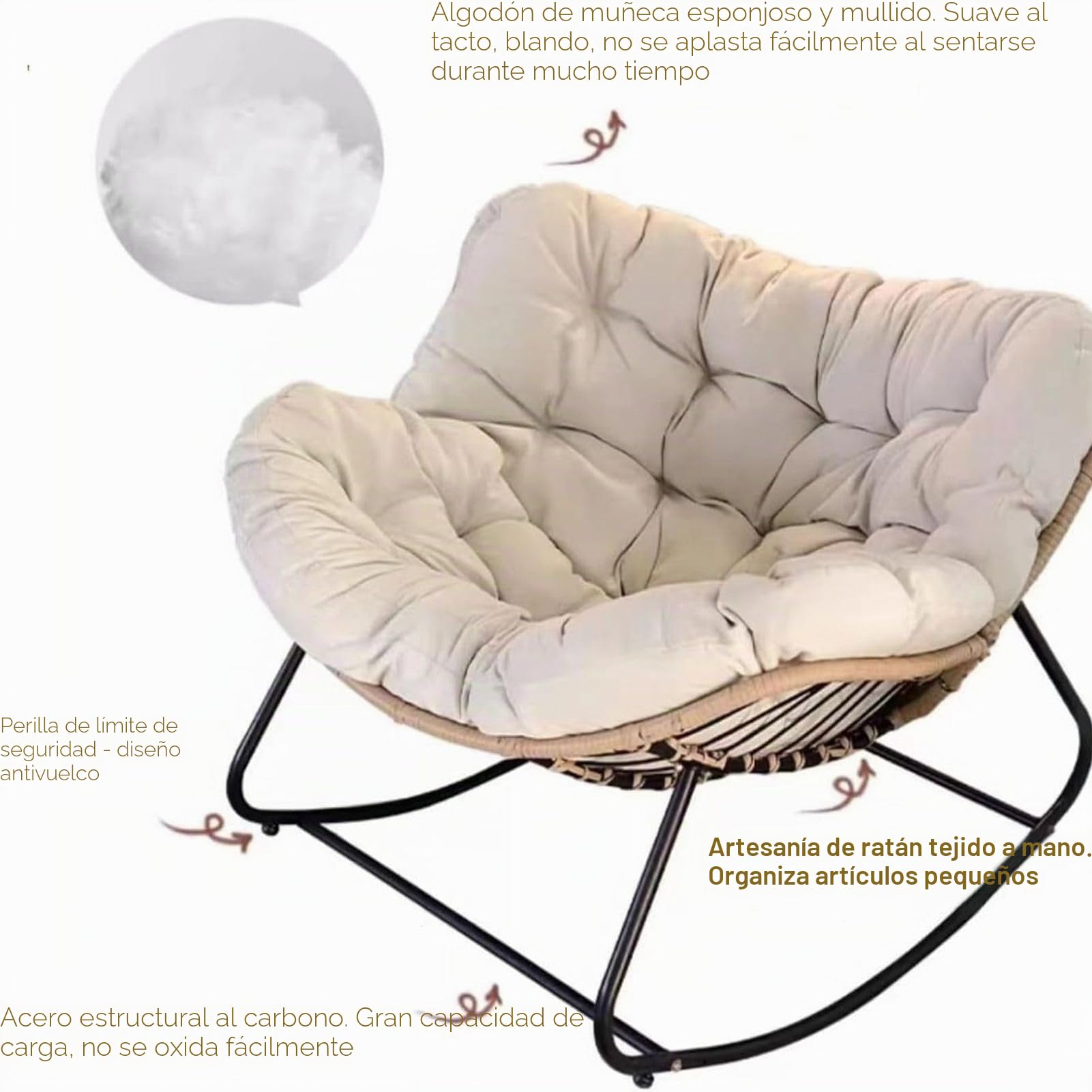 Silla mecedora Papasan para patio al aire libre con cojín acolchado, silla de mimbre de ratán grande para interiores, mecedoro de metal moderno