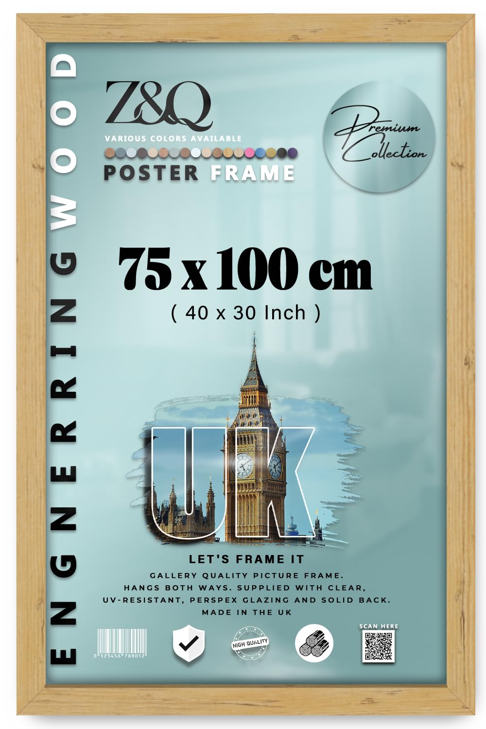 Z&Q | Classic MDF Picture Frame (75 x 100 CM) Premium Wall-Mounted Display, Rich Wood Finish 30" x 40" Sturdy Hanging Frame [ Pine ]