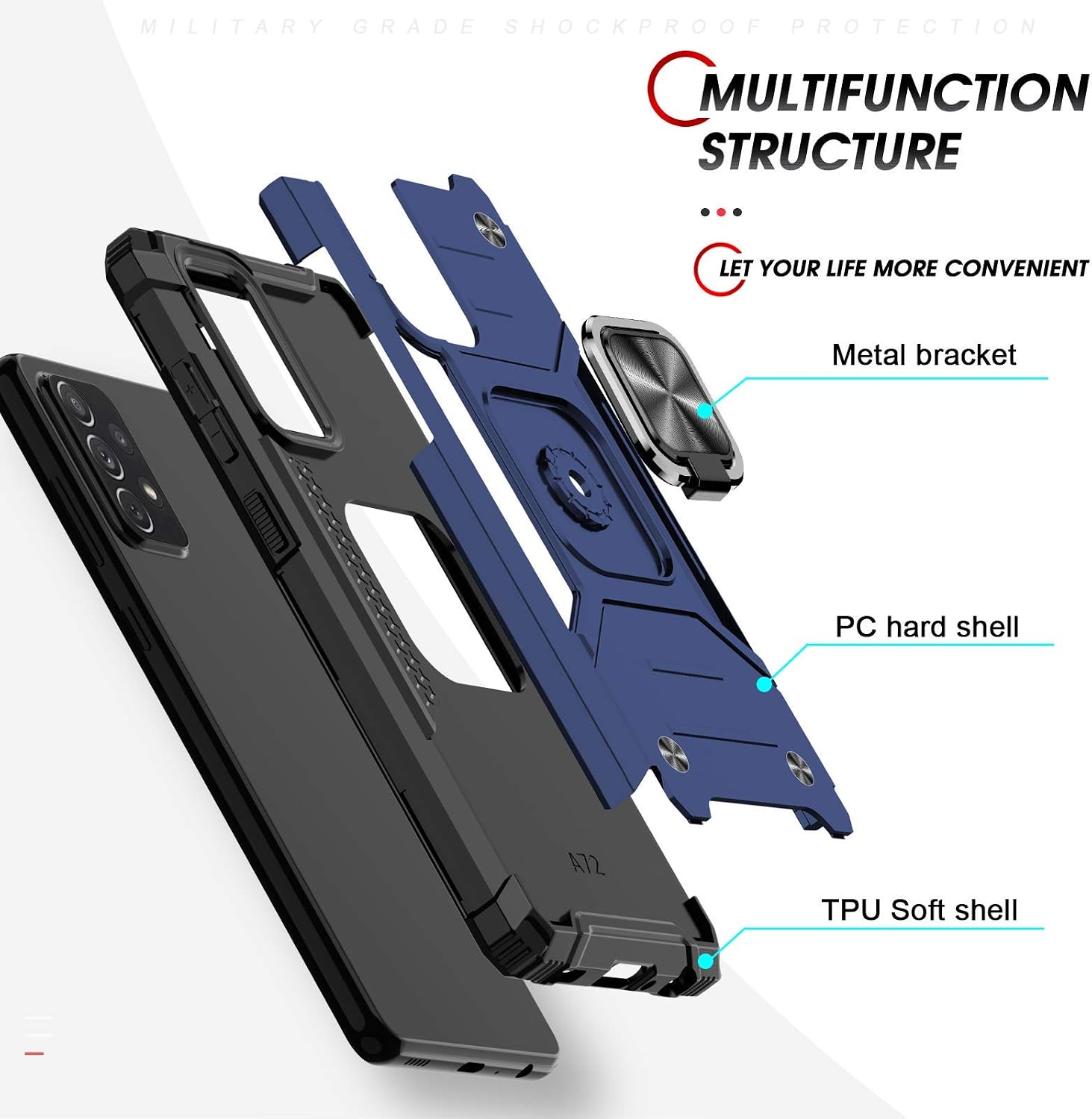 LeYi Compatible with Samsung A52 Case, Galaxy A52 5G Case with 2 Tempered Glass Screen Protector, [Military-Grade] Defender Phone Case with Ring Holder Kickstand for Samsung Galaxy A52 5G, Blue