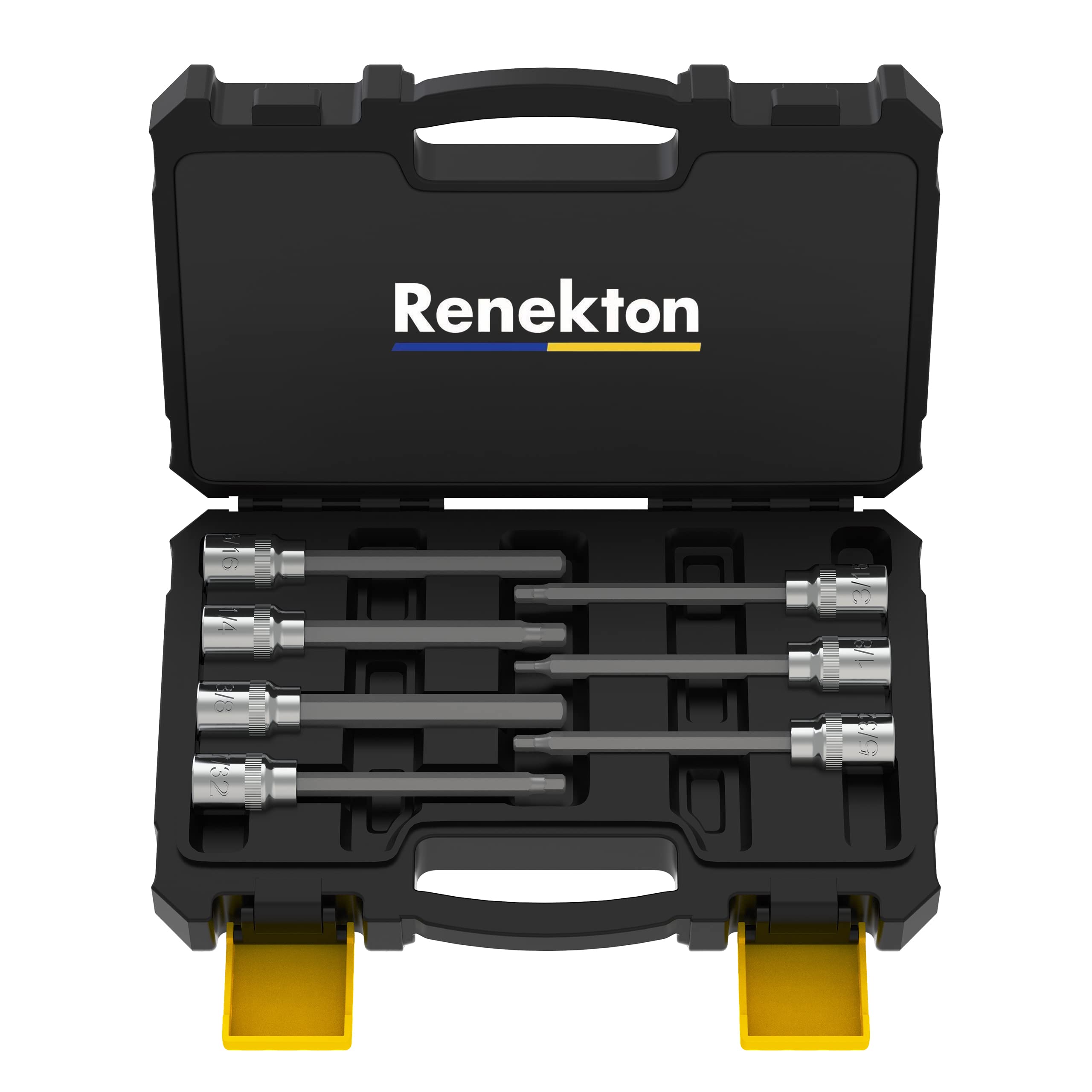 Renekton 3/8” Drive Extra Long Allen Hex Bit Socket Set, SAE, 1/8mm to 3/8mm, S2 and Cr-V Steel, 7 Piece