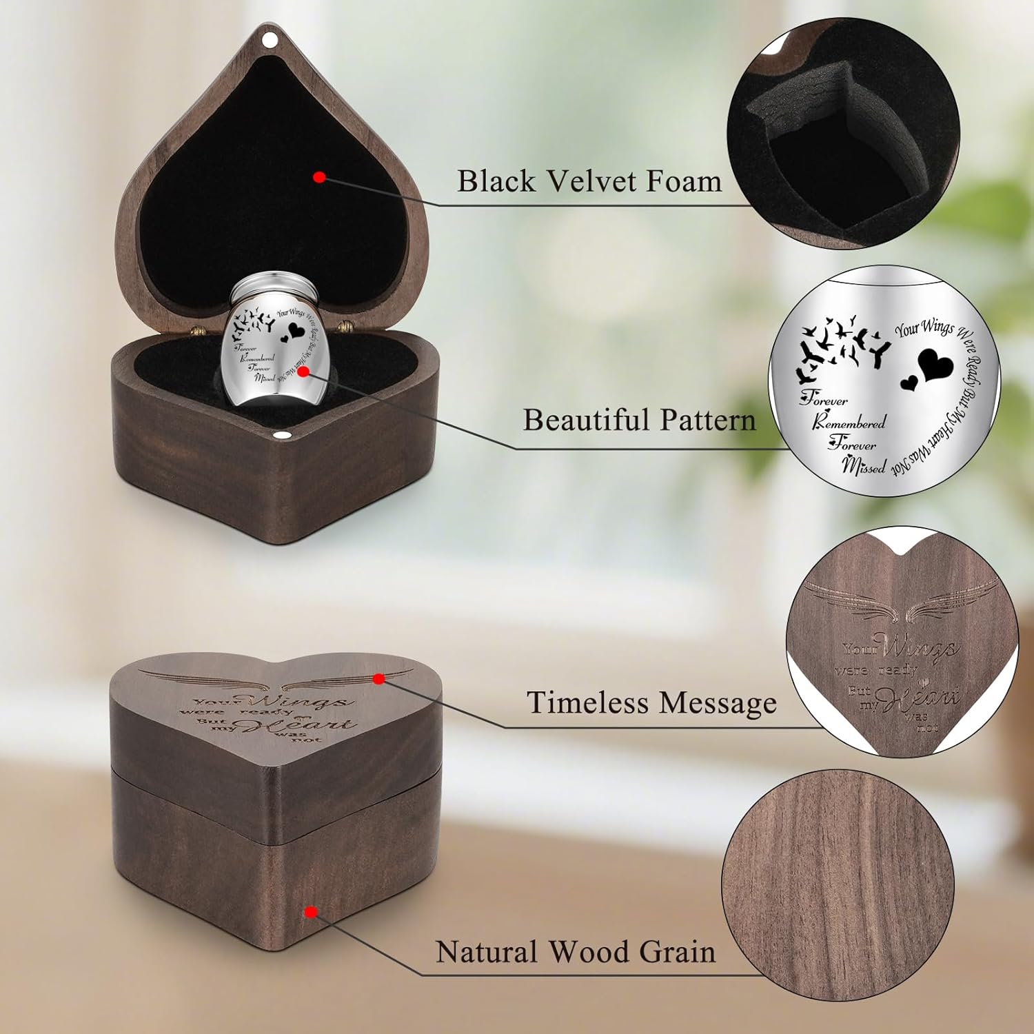 SOITIS Wooden Heart Box, Small Urn for Human Ashes Keepsake, 1.57 Inch Memorial Urn for Ash, Mini Urn for Human Ashes for Women Men, Funeral Cremation Keepsake Holder - Image 4