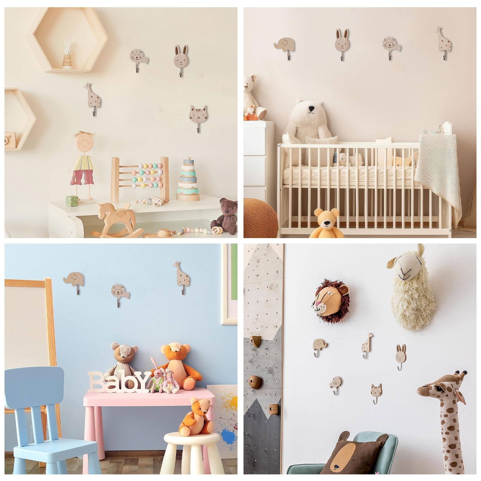 Garçonnière en Bois pour Enfants, Lot de 8 Crochets Adhésifs Animaux - Éléphant, Baleine, Chat, Lion, Lapin, Girafe pour Enfants - Crochets de Rangement à Fixation Murale pour Chambre d'enfant