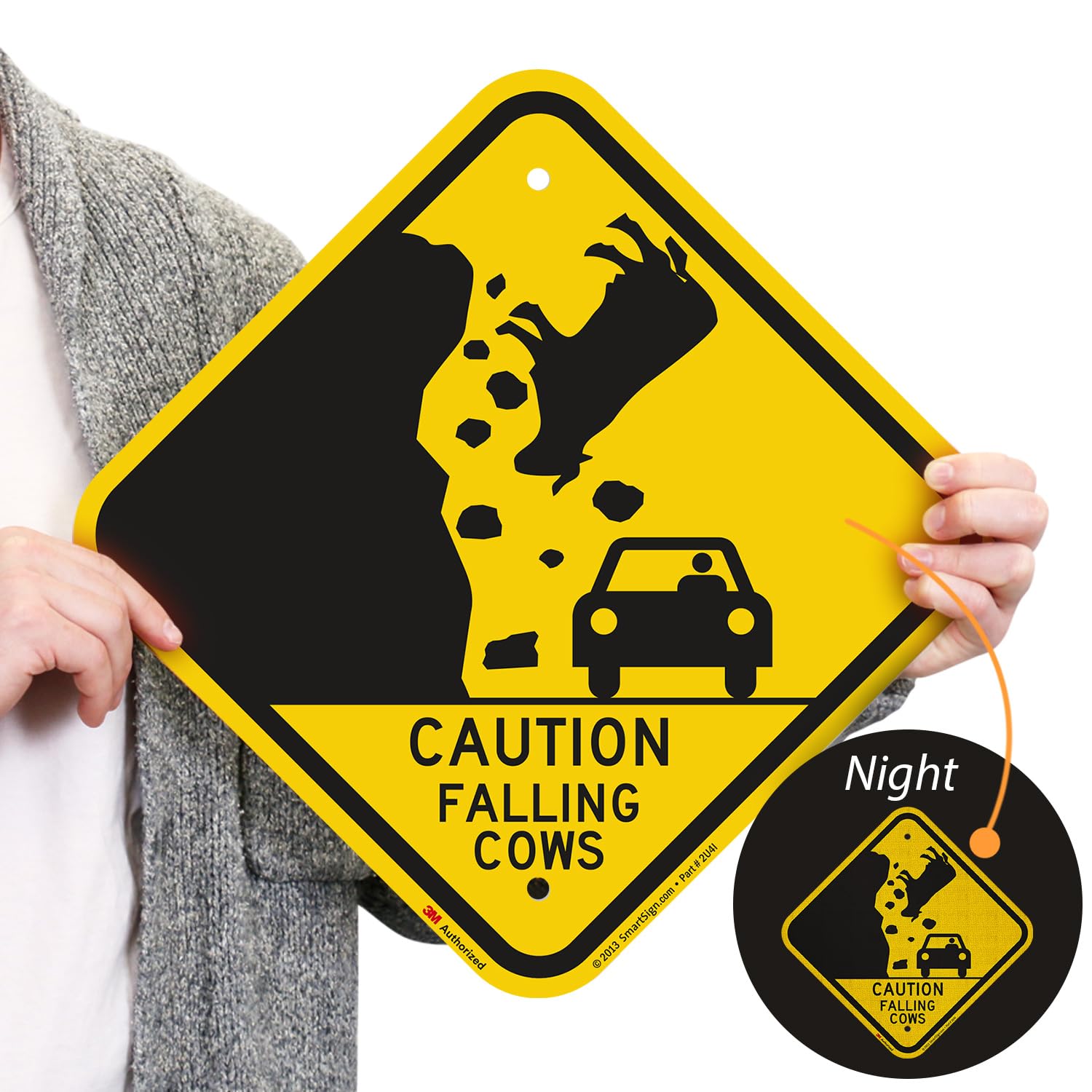 SmartSign 12 x 12 inch “Caution - Falling Cows” Funny Road Metal Sign, 63 mil Aluminum, 3M Laminated Engineer Grade Reflective Material, Black and Yellow, Made in USA