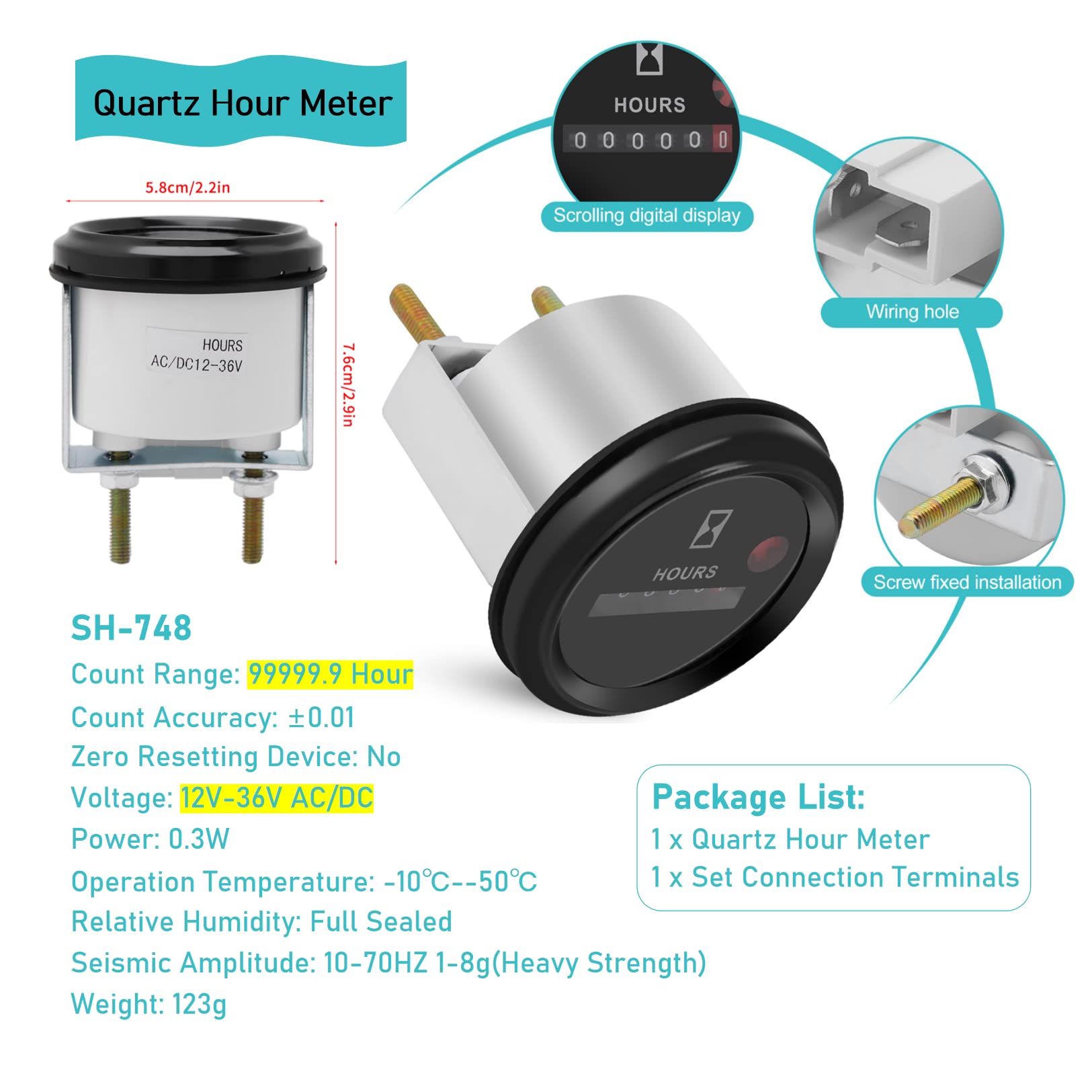 Compteur horaire Rond ac/dc 12-36v quartz hour meter Compteur horaire num|rique AC 12-36V DC SH-748 Compteur horaire ¡è Quartz testeur de Compteur Compteur Misuratore orario