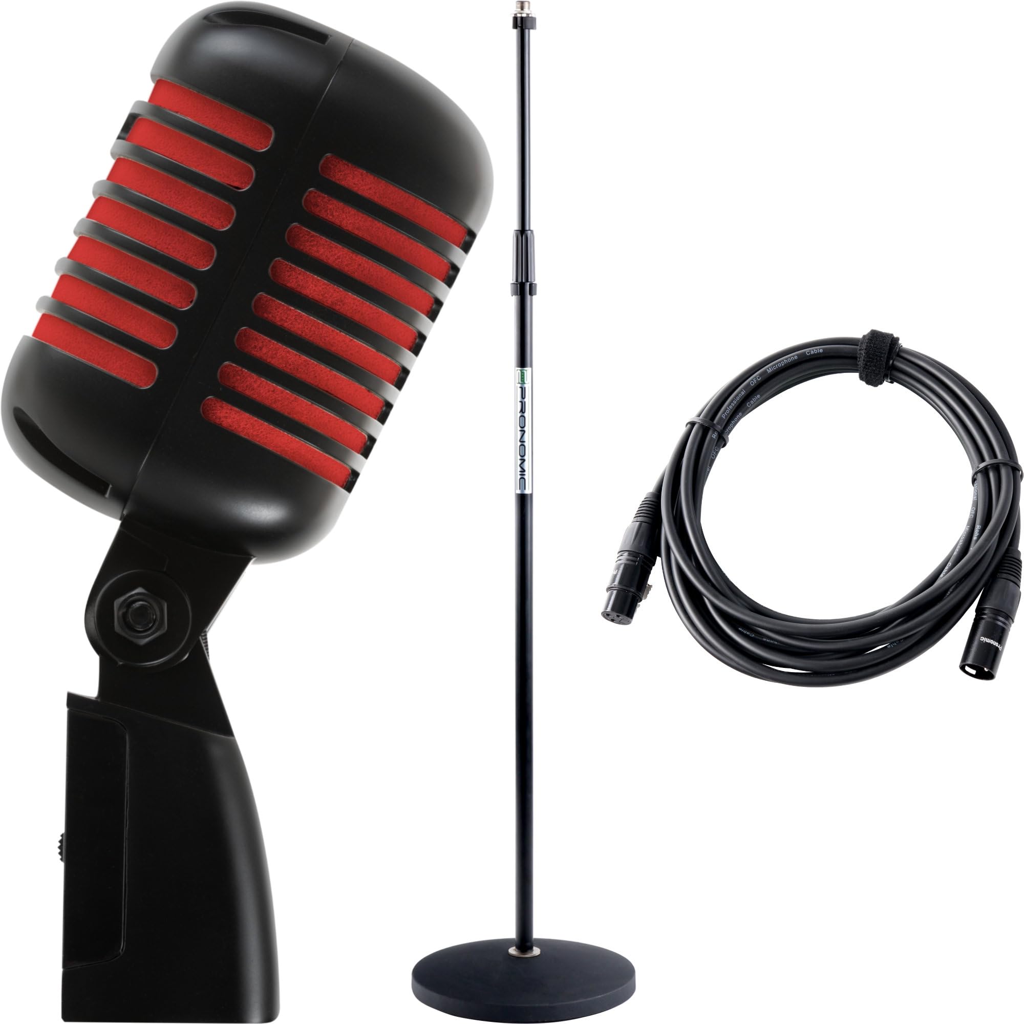 Pronomic DM-66BK/RD Micrófono Vocal dinámico Set - Vintage Micro Vocal Retro - Set económico Que Incluye pie de micrófono y Cable XLR - Negro/Rojo