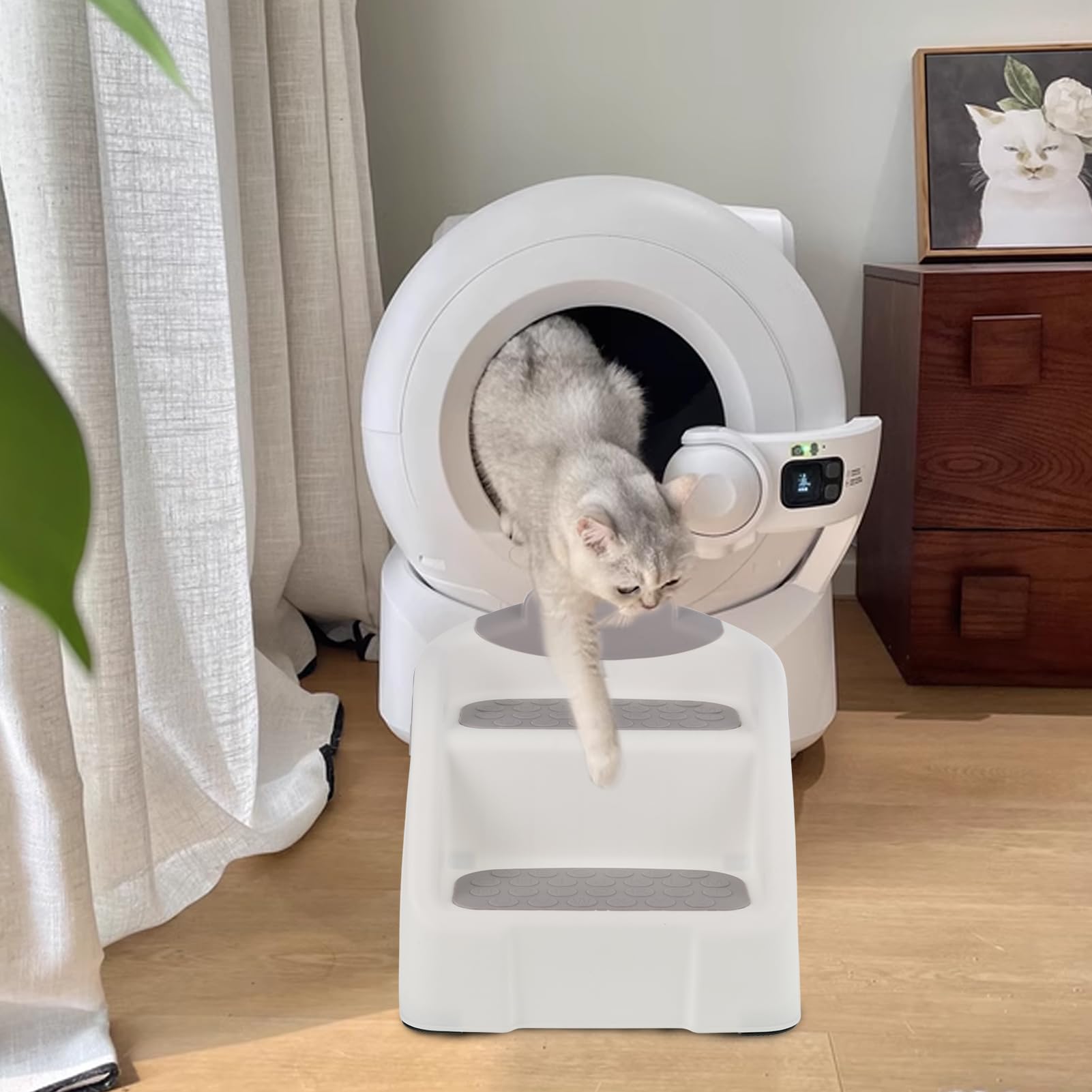 Rampe pour chat pour bac à litière, rampe en plastique blanc pour litière automatique, marches double couche avec pieds en caoutchouc antidérapants, marche pour chats de petite taille et âgés