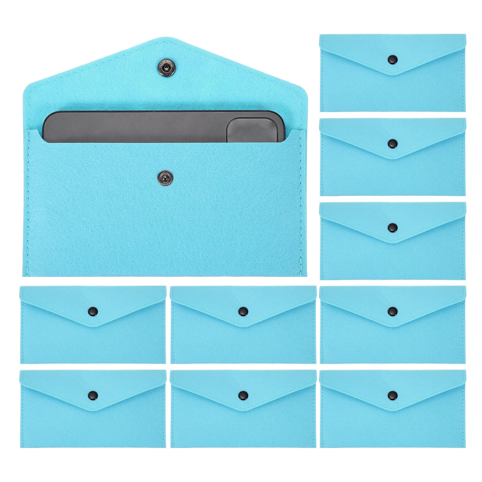 PATIKIL 10Pcs Felt Money Bag, Felt Cellphone Sleeve Case Pouch Cash Bag Button Closure Cash Envelope Wallet Storage Pouch for Card Pen Sunglasses, Blue