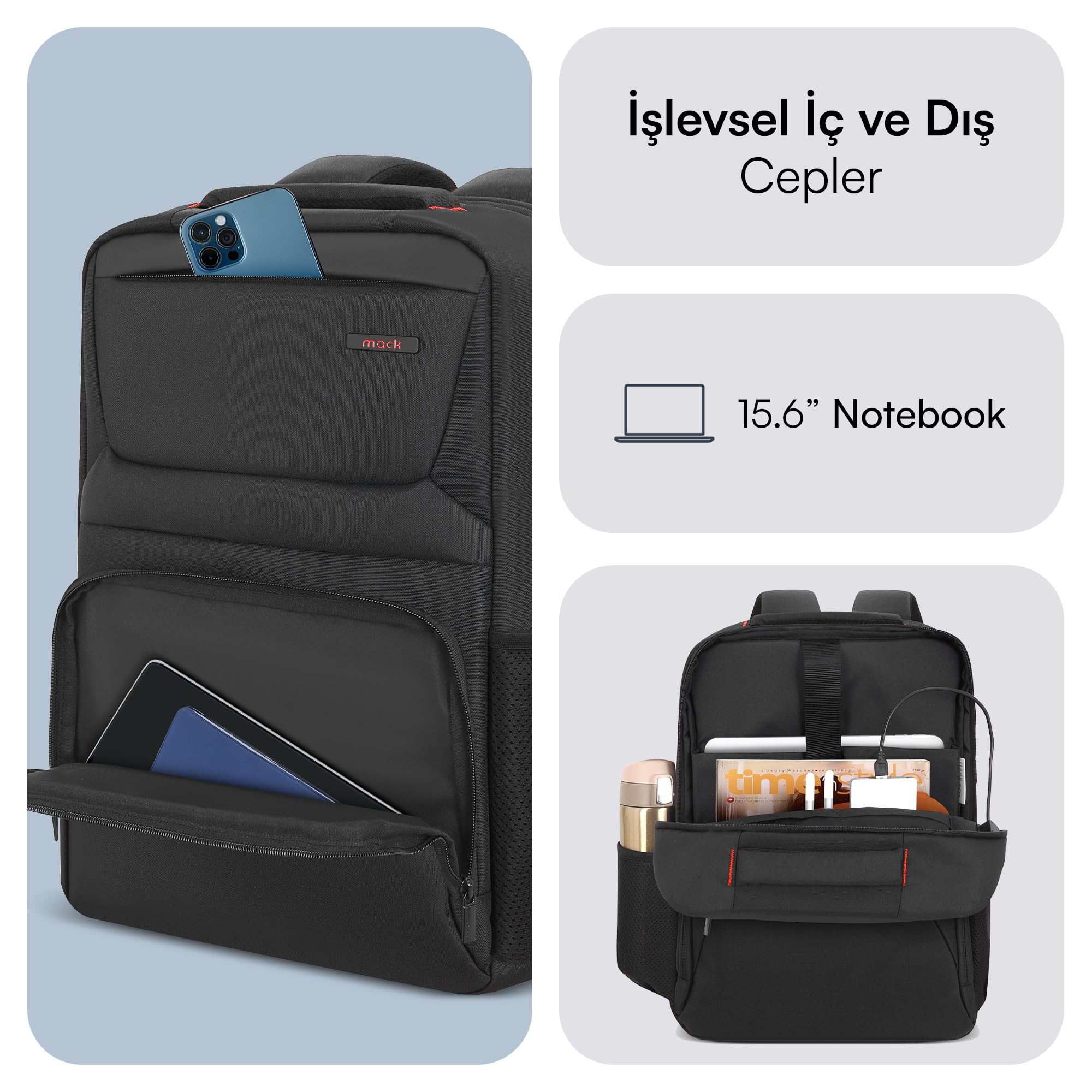Mack Business X MCC-805 15.6 inç Laptop Sırt Çantası, Mackbook Sırt Çantası, USB Şarj Portlu Bilgisa
