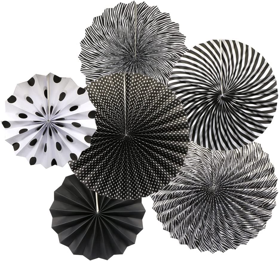 Image of 6 pcs Black Hanging Paper Fans for Party Decoration Colorful Patterns Party Fans for Birthday Anniversary Bridal Shower Baby Shower Christmas Diwali & Wedding Decor (Pack of 6, Black)