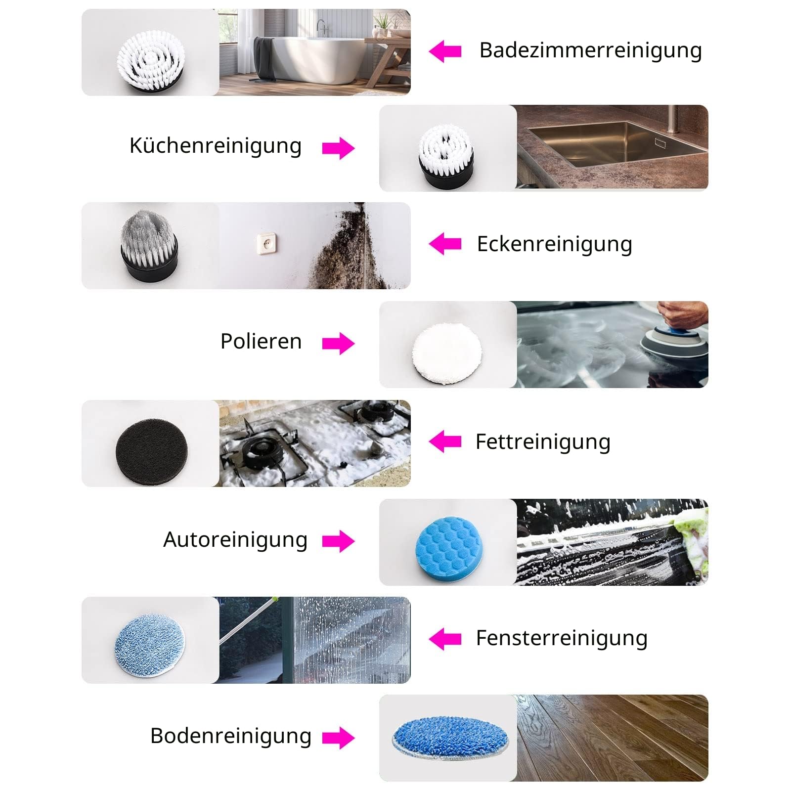 Elektrische Reinigungsbürste, FARI Duschreinigungsbürste mit 8 Austauschbaren Bohrbürstenköpfen, Kabelloser Schrubber mit Verstellbarem Griff, Bad- und Duschreiniger