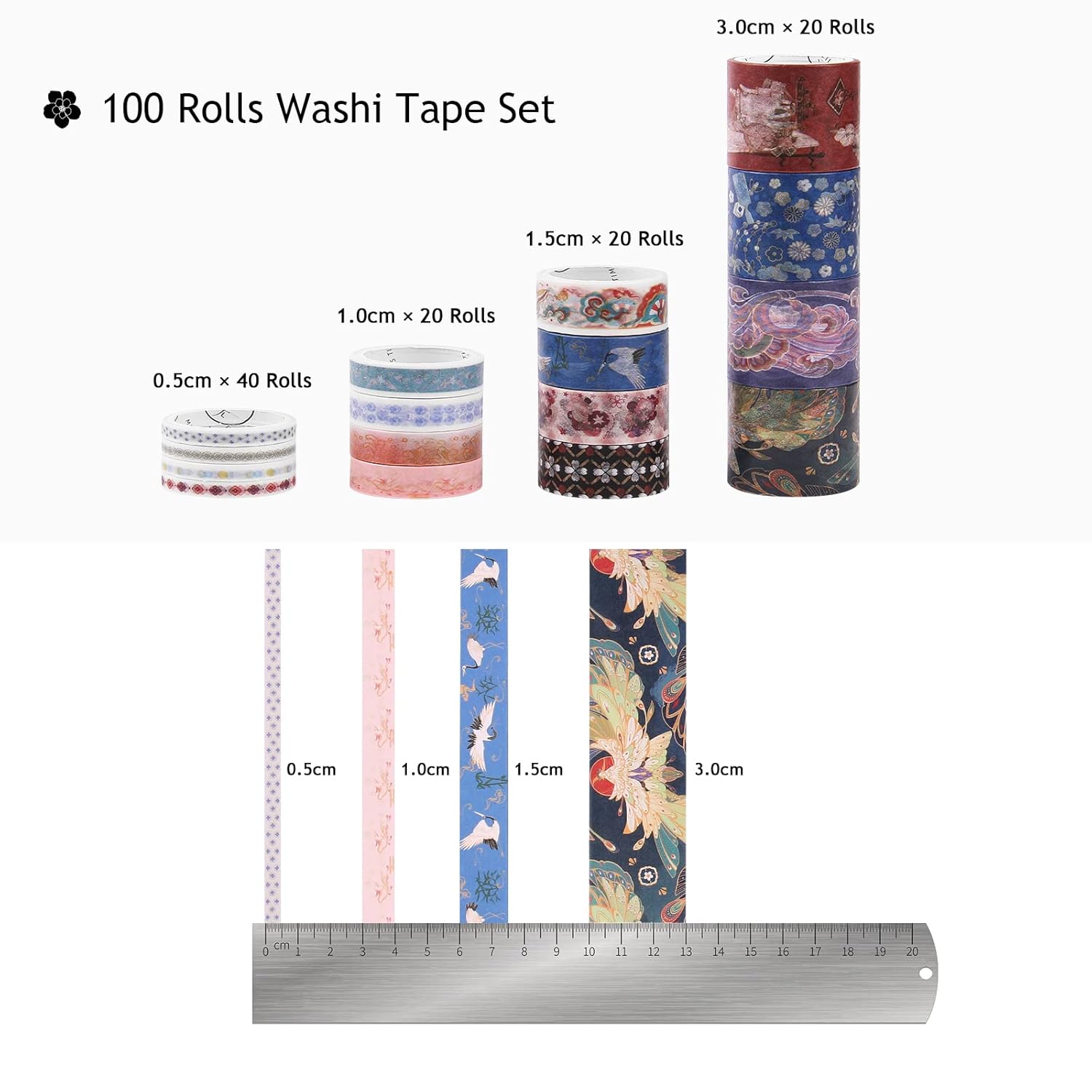 和紙テープ100枚セット 幅5/8/10/15/20/30mm 和紙マスキング粘着 装飾ホリデークラフトテープ スクラップブック/バ