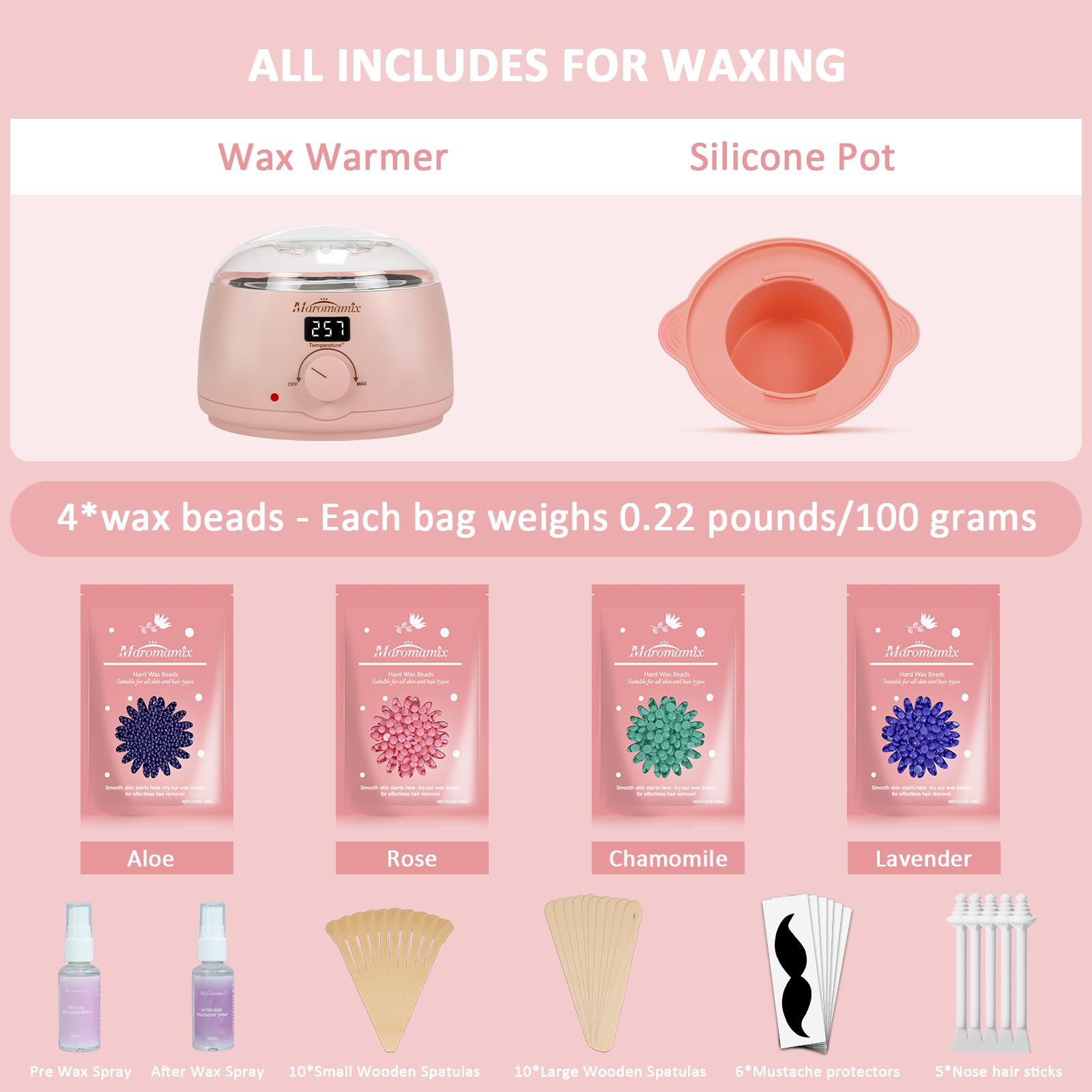 Kit per ceretta – Macchina scalda cera digitale per depilazione con 4 confezioni di perline di cera dura e vasetto in silicone per tutto il corpo, gambe, viso, sopracciglia, bikini, kit brasiliano a