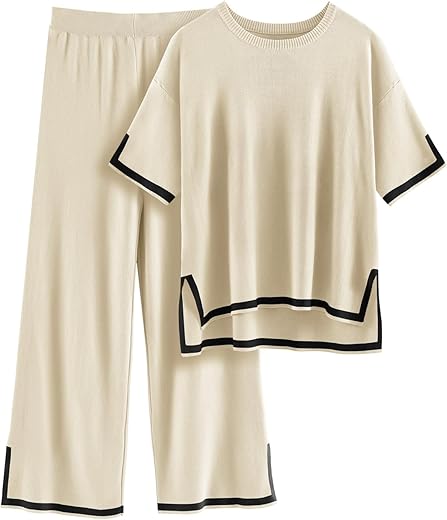 Tuopuda Hausanzug Damen Zweiteiler Freizeitanzug Kurzarm Gerippt Strickpullover mit Lange Hose Lounge Set Rundhalsausschnitt Freizeit Outfit