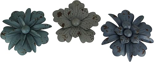 Juego de 3 esculturas artísticas vintage para colgar en la pared de flores de metal azul y gris, 11.5 pulgadas de diámetro, elegancia floreciente,