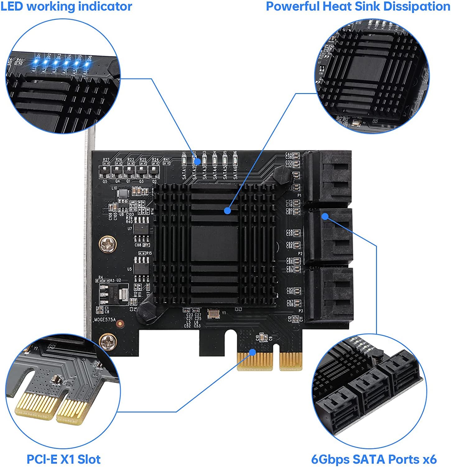 6 porte SATA Scheda controller PCIE SATA, controller SATA 3.0 6 Gbps, Viene fornito con 6 cavi dati SATA, supporto scheda PCI Express 6 dispositivi SATA 3.0, supporto Windows, MAC, Linux