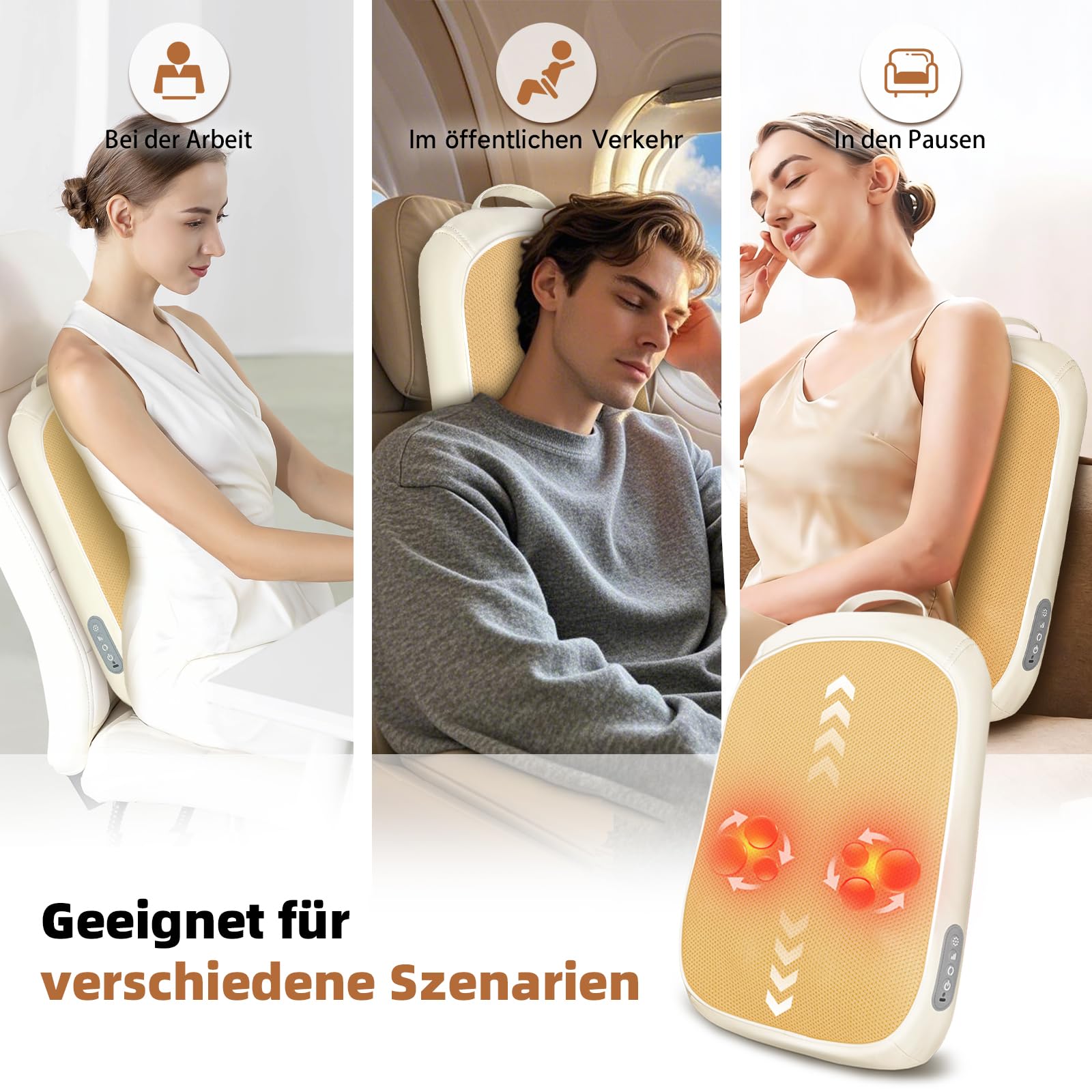 Shiatsu Nackenmassagegerät Rücken Massagekissen, Kabellos Knetmassagegerät mit 3 Intensitäten, Wärme & Rollfunktion, zur Schmerzlinderung, für Zuhause Büro Auto