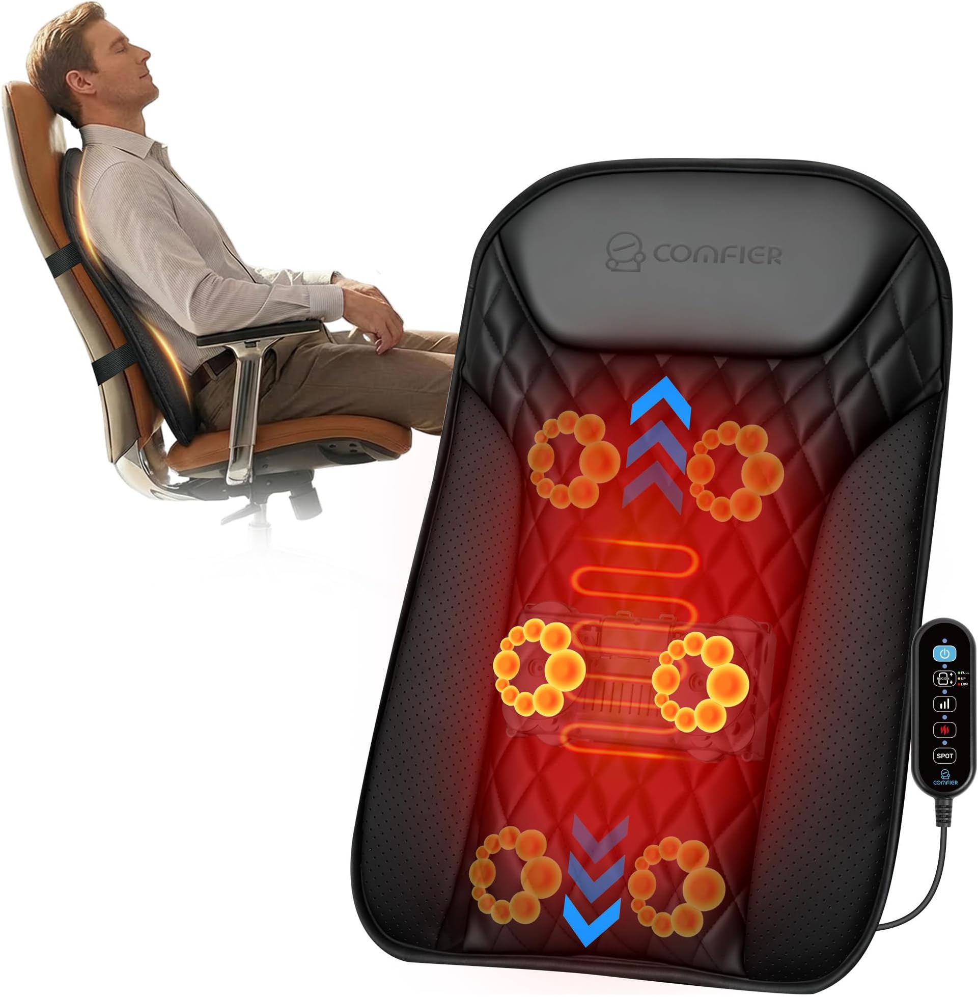 COMFIER 2026 Upgrade Ultra-Slim Heated Back Massager for Chair,Up–Down Moving 10 Massage Nodes,Deep Tissue Shiatsu Back Massager with Heat,Upper/Lower/Full Back Relief,Gift for Women & Men