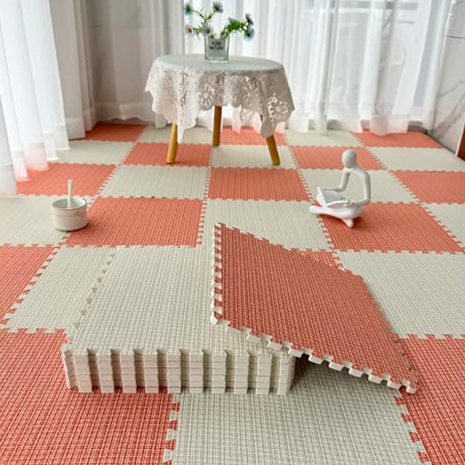 AHTCPO Puzzle Foam Mat Fluffy Floor Rugs, 0.6cm Thick Linen Exercise Mat, Non-Slip Puzzle Climbing Area Rugs, Home Decor(Orange+Beige,0.6cm-24p)