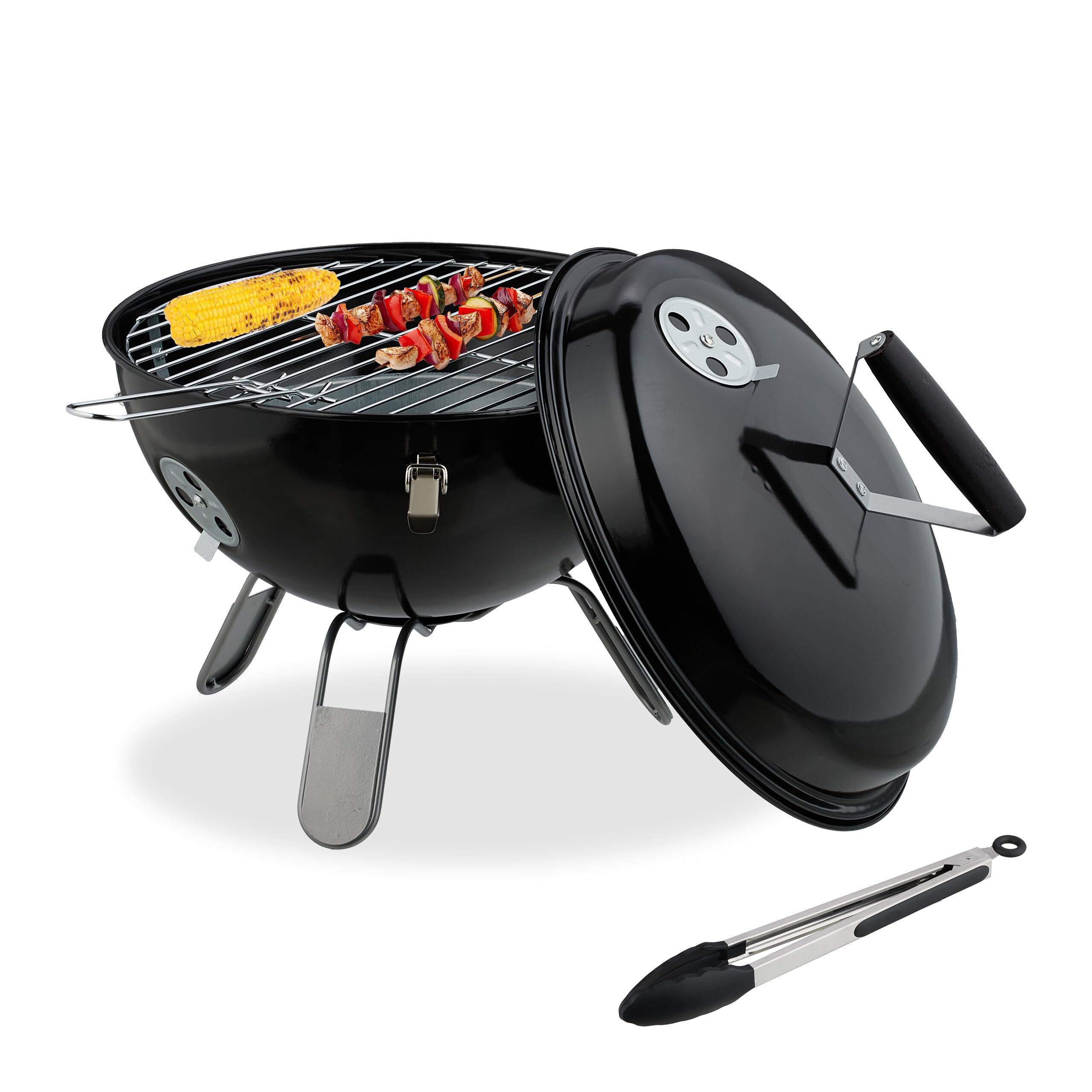 Relaxdays Kugelgrill, tragbar, Ø 37 cm, Picknickgrill für Garten & Park, Holzkohlegrill mit Deckel, Rundgrill, schwarz