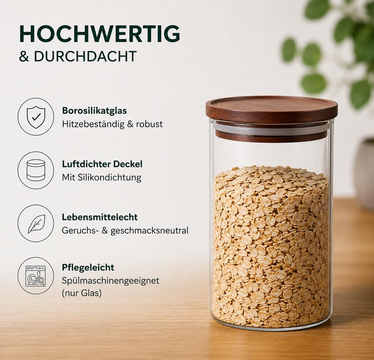 QuaLife Set di 5 barattoli da 1800/1000/600 ml, in vetro borosilicato con coperchio in legno di acacia, ermetici e impilabili, contenitori rotondi in vetro per cucina e conservazione degli alimenti