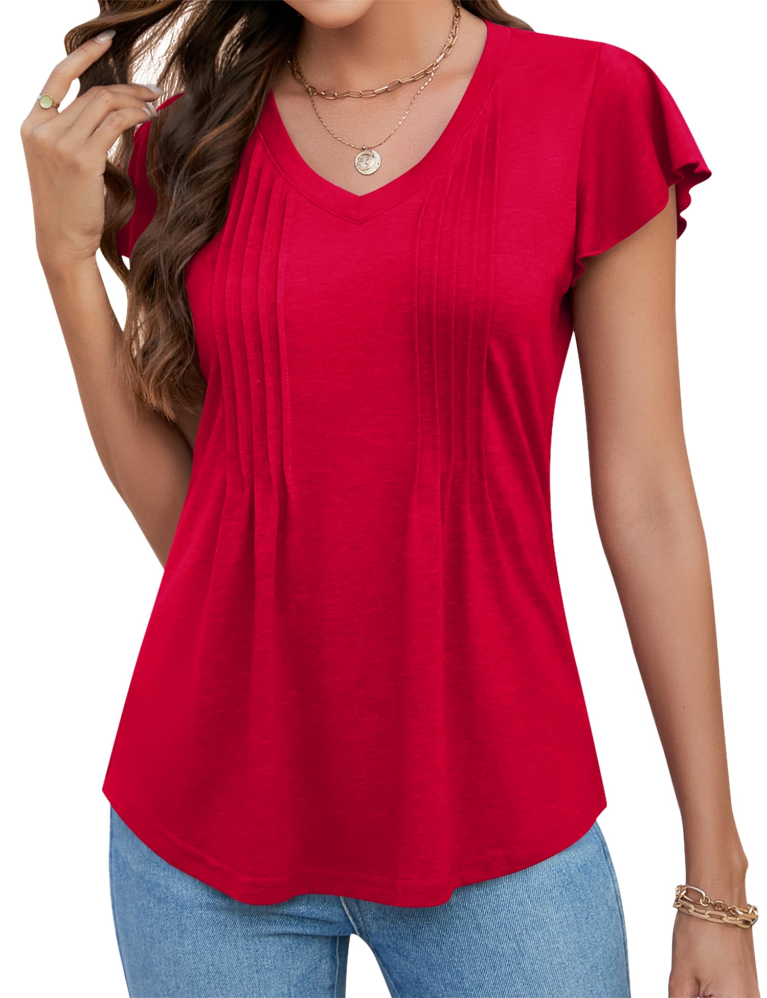 LOMON Womens Tops Dressy Casual Summer Flutter Sleeve T-Shirts Trendy Ruffle Short Sleeve Loose V-Neck Tunic Tops