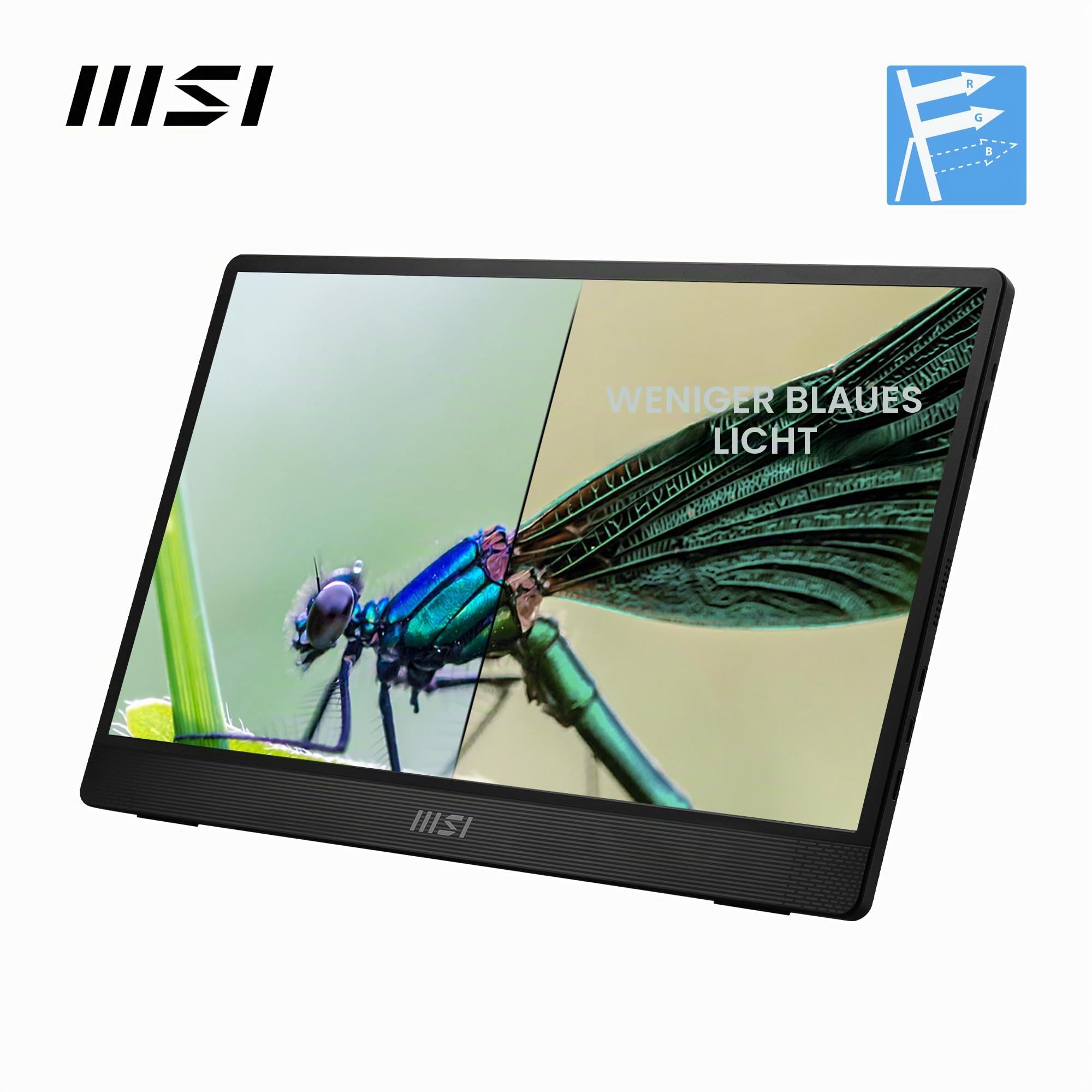 MSI PRO MP161 E2U 15,6 Zoll Full HD Portabler Monitor - 1920x1080 IPS, 60Hz, augenschonend, für PC, Laptop, Mobil, Lautsprecher, verbessertes Gehäuse & Kickstand, Mini-HDMI 2.0b, 2 x USB Type-C
