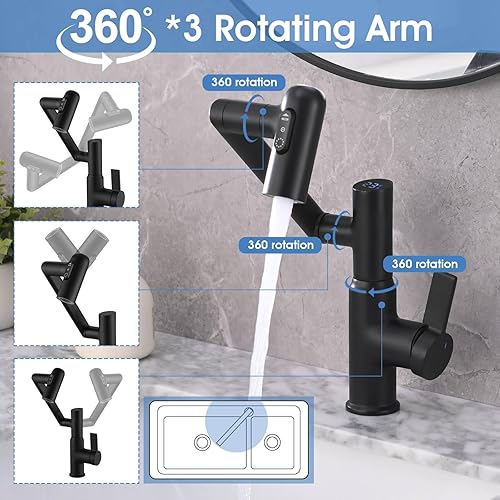 Miniatura 3 de Grifo de baño, grifos giratorios con pantalla de temperatura (sin baterías), 3 modos de salida de agua, grifo de un solo orificio para fregadero de