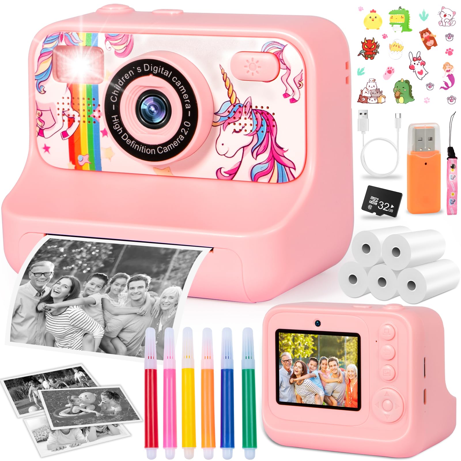 ZZXLOPEZ Macchina Fotografica Bambini Istantanea, 2.4" 1080P Fotocamera Bambini con 32 GB Schede e Carta da Stampa, Macchina Fotografica Bambino, 180 °Flip Len,Regali per Ragazzi Ragazze da 3-12 Anni