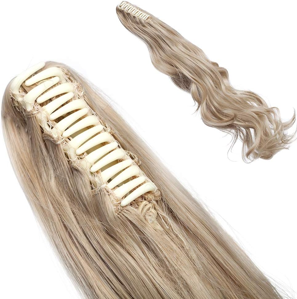 24" Claw Clip in Ponytail Hair Extension Wavy Ombre Synthetic Hairpiece One Piece A Jaw Long Pony Tails for Women Dark Blonde mix Bleach Blonde - Image 5