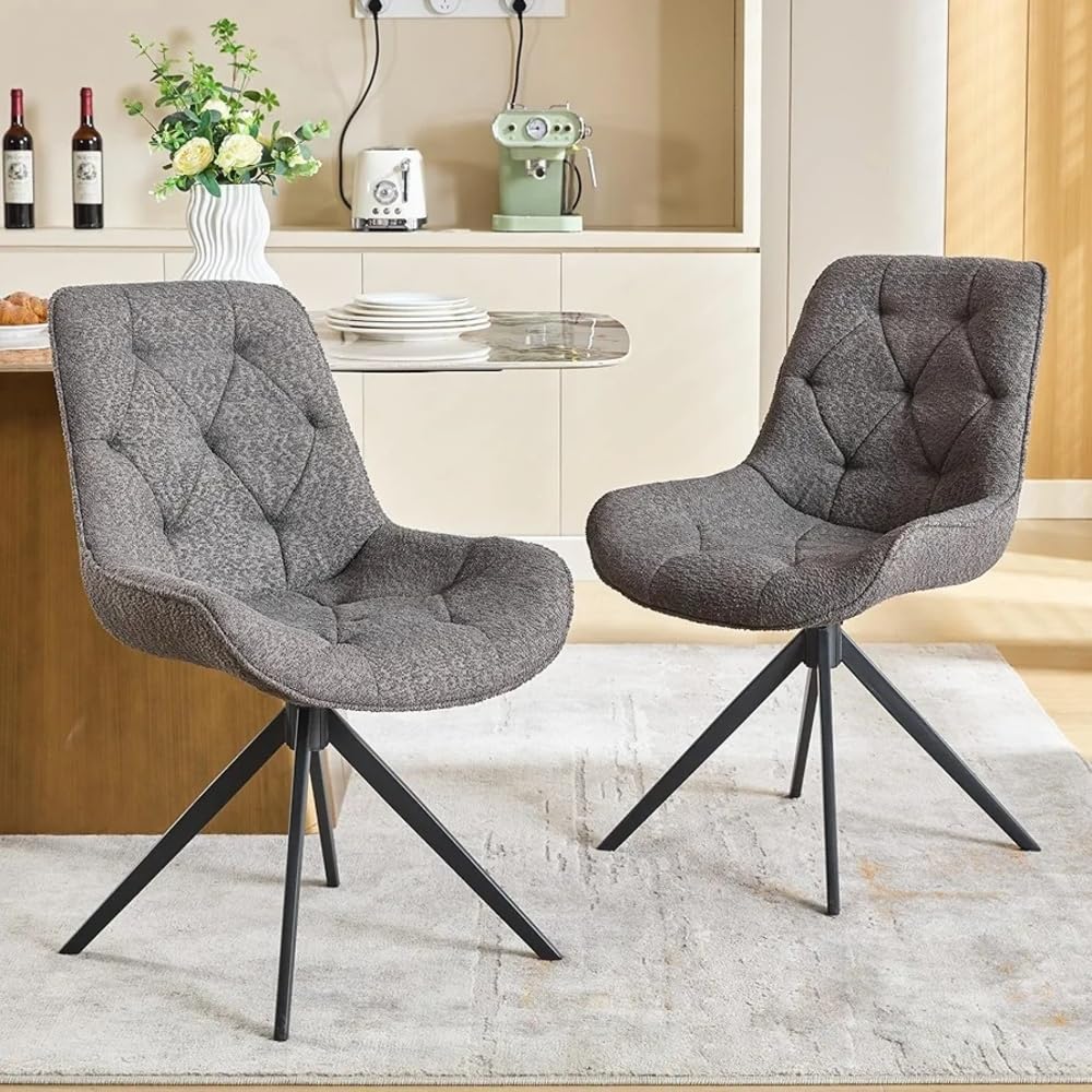 Set of 2 Chairs Swivel 360 Degree Boucle Upholstered for Dinning with Strong Metal Legs for Home Cafe Reaturant Office (2, Grey)-image-28