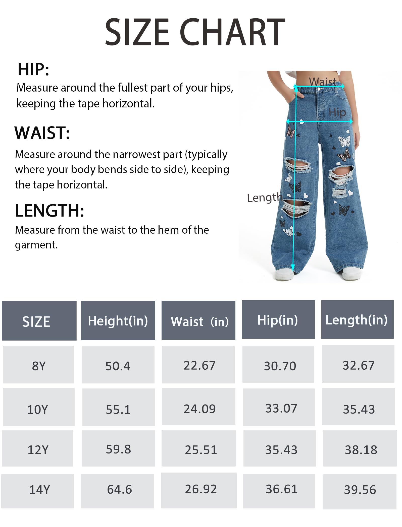 EXARUS Pantalones de mezclilla holgados para niñas, pierna ancha, acampanados, ajustados, para adolescentes, ropa de mezclilla rasgada, ropa preppy casual, para niños de 6 a 14 años