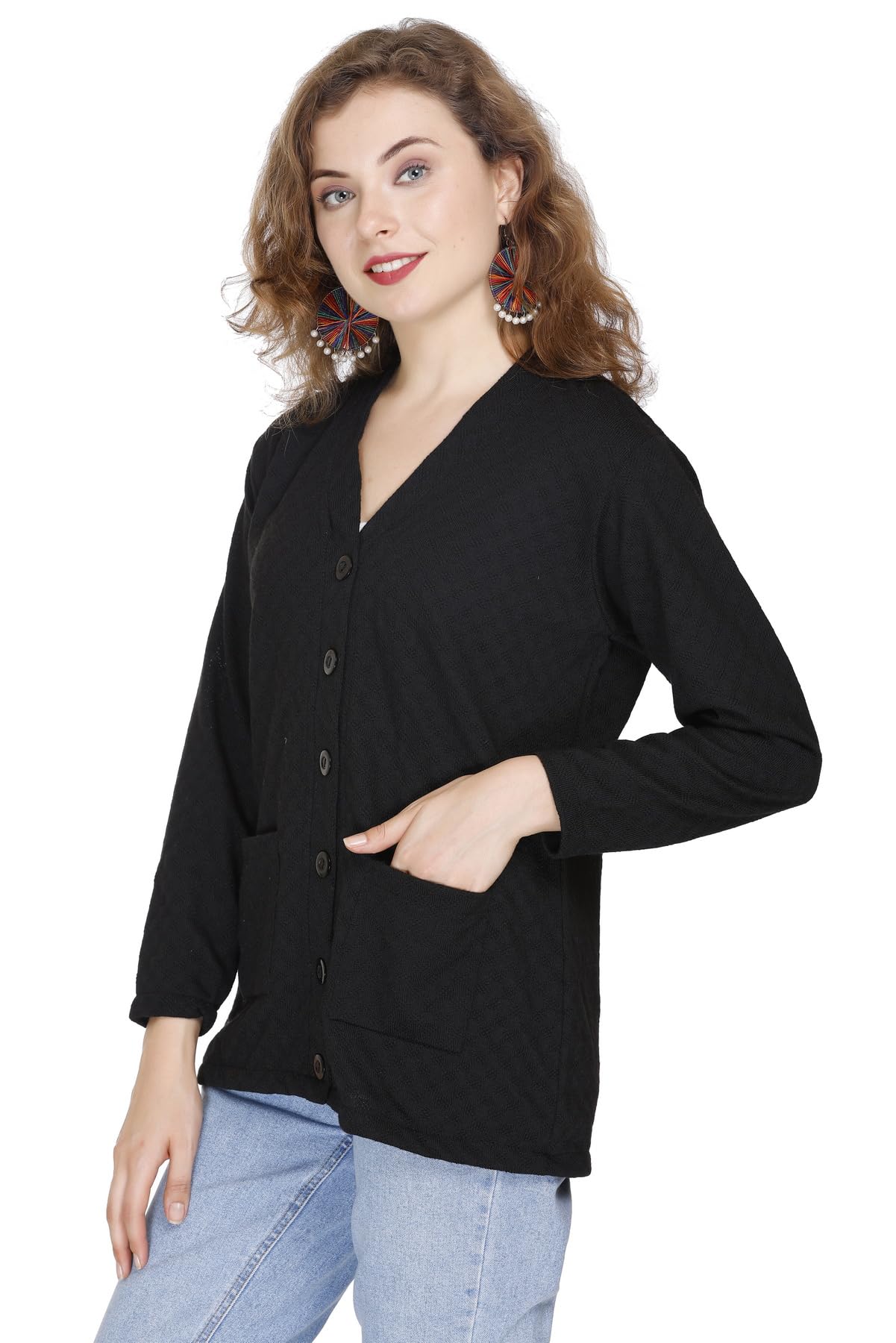 URBANROCK Women's Woolen V-Neck Cardigan - Heavy Daffodil Fabric Winter Wear Acropolly Yarn Cardigan for Women with Front Pockets (in, Alpha, 2XL, Regular, Black) - Image 3 thumbnail