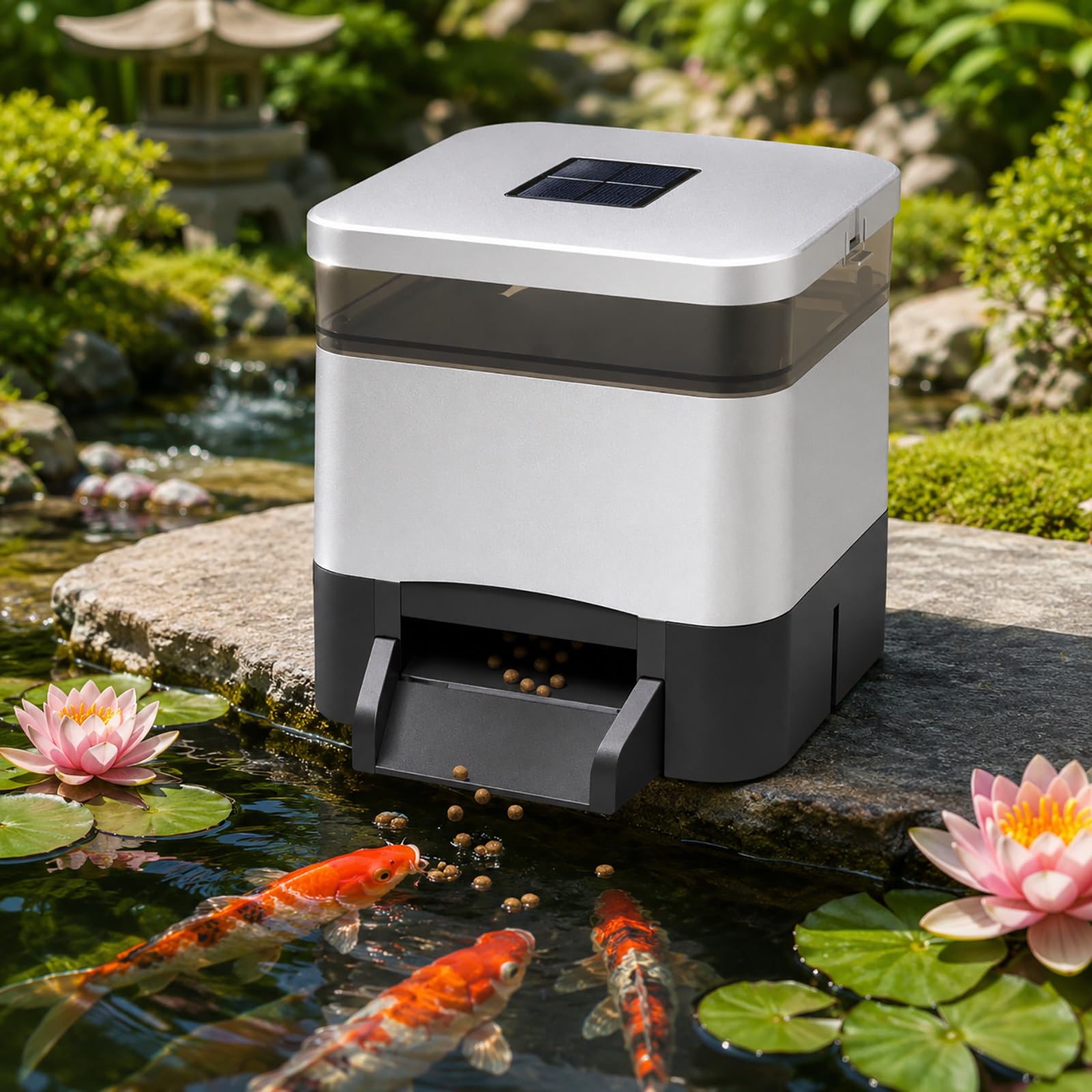 Automatischer Fischfutterspender 4 L - Koi Futterautomat für draußen mit Einstellbarer Futtermenge Silver