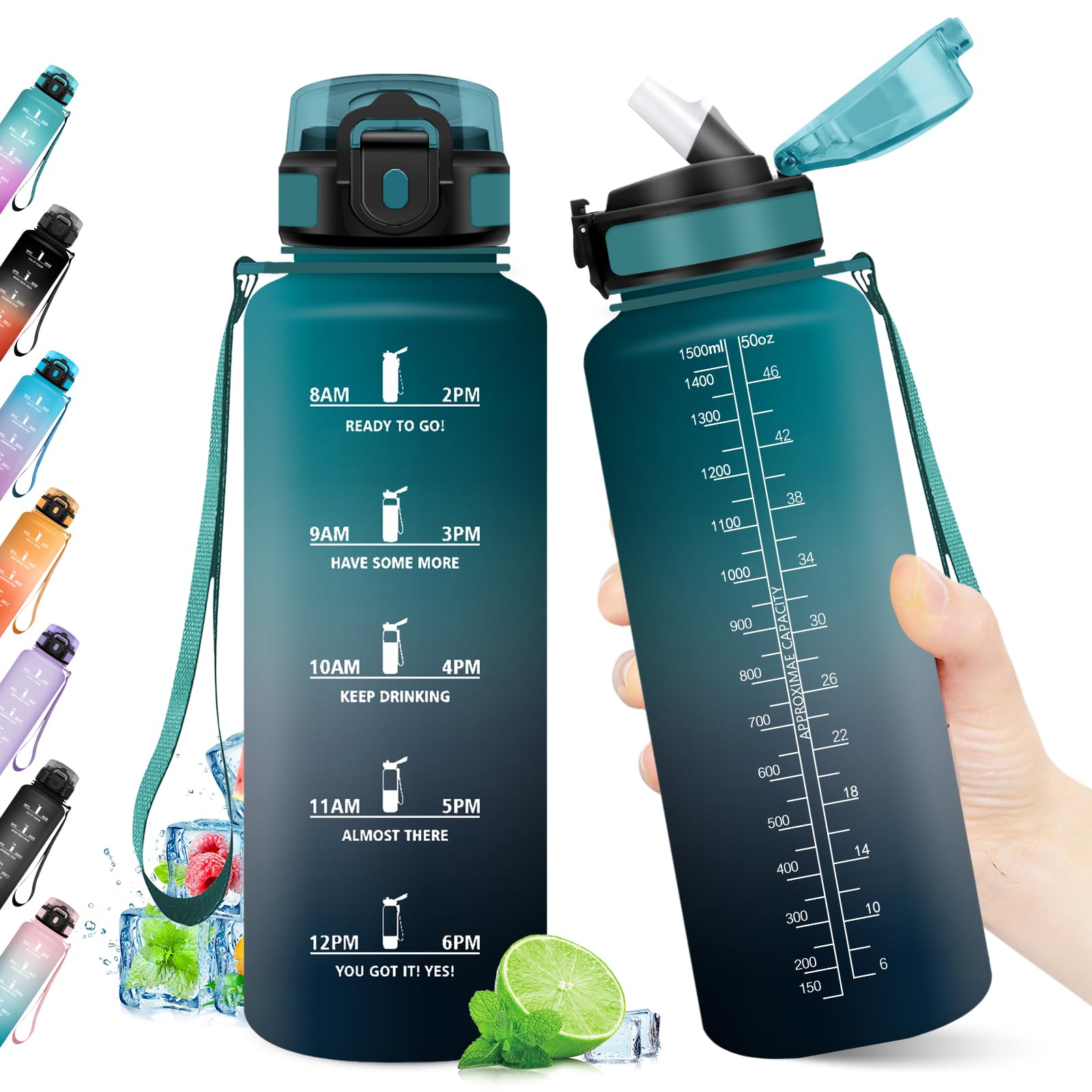 Borraccia 1.5L, Borraccia Sportiva con Marcatori Temporali, Borraccia con Cannuccia, Bottiglia Riutilizzabile, Bottiglia senza BPA, A Prova di Perdite, Borraccia Sport per Fitness, Scuola, Ufficio