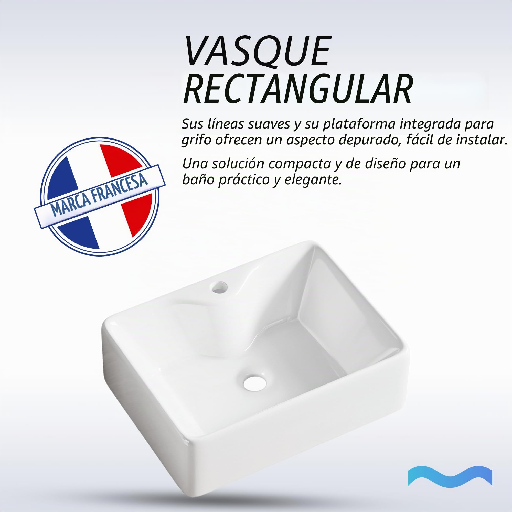 Lavabo rectangular de cerámica blanca 40 x 30 x 13 cm - Lavabo con playa para mezclador - Diseño moderno con esquinas redondeadas - Ideal para cuarto de baño contemporáneo - Mantenimiento