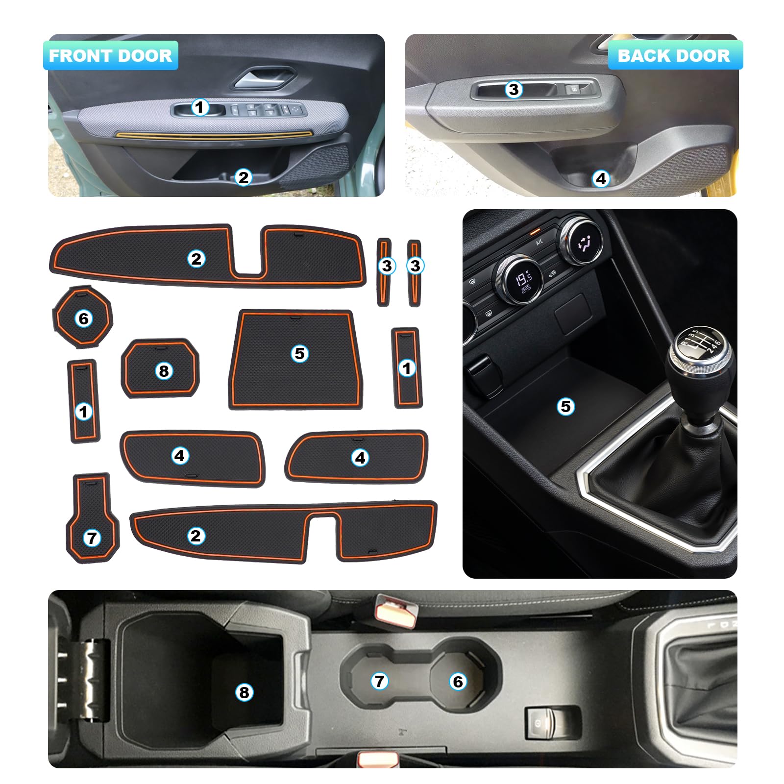 CDEFG Compatibile con Dacia Sandero 3 / Sandero Stepway III 2021-2024 2025, Tappetino Antiscivolo Antipolvere Antigraffio Tappetini in Gomma Portabicchieri Auto Sandero 2024 Accessori (Arancia)