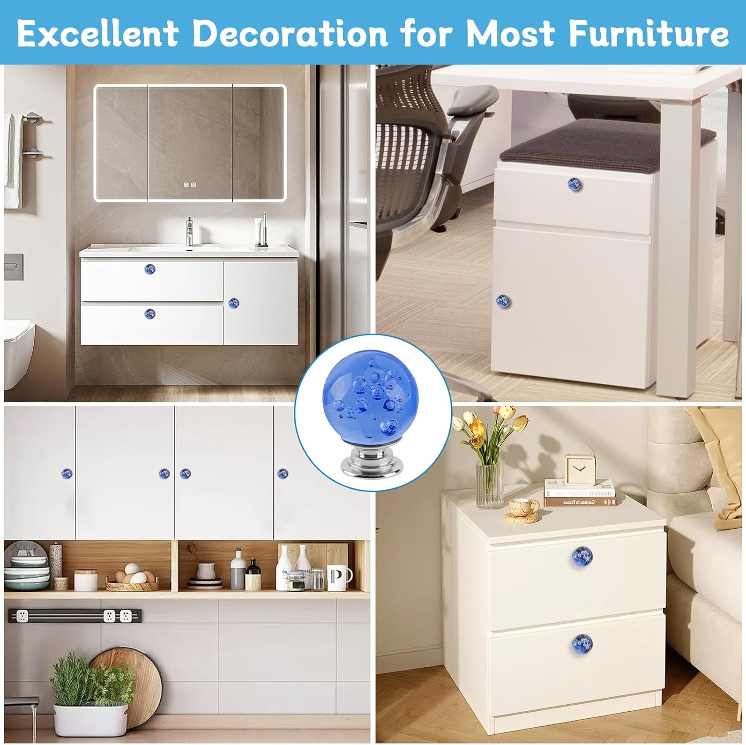 12 Pcs 30mm Round Shape Bubble Crystal Glass Cabinet Knobs with Screws Drawer Knob Pull Handle Used for Kitchen, Dresser, Door, Cupboard (Light Blue)