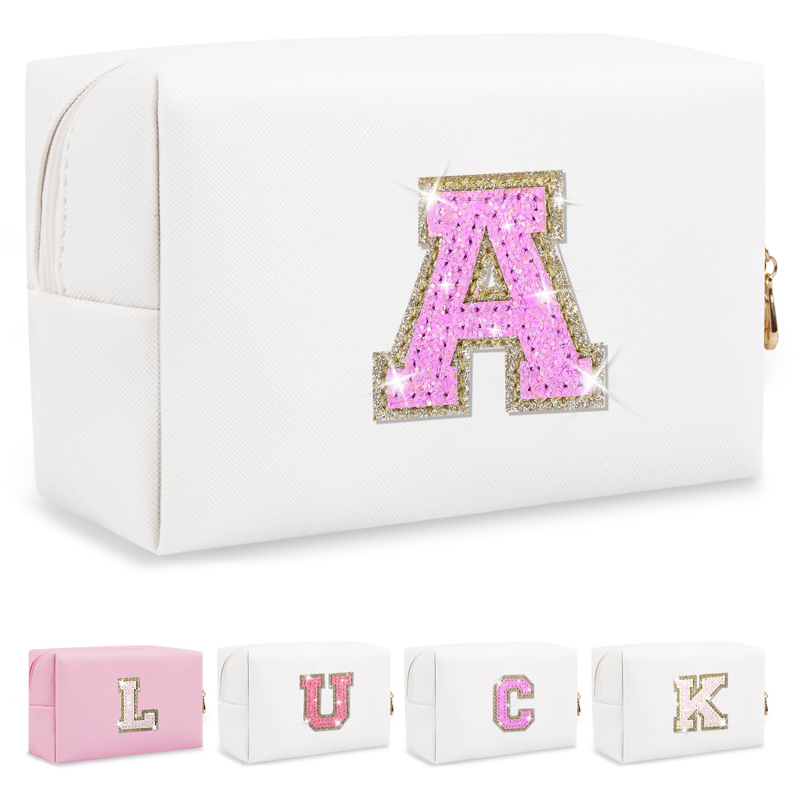 Personalized Initial Letter Makeup Bag, Preppy Glitter Letter Patch Cosmetic Pouch Zipper,PU Waterproof Travel Toiletry Bag Cute Makeup Organizer